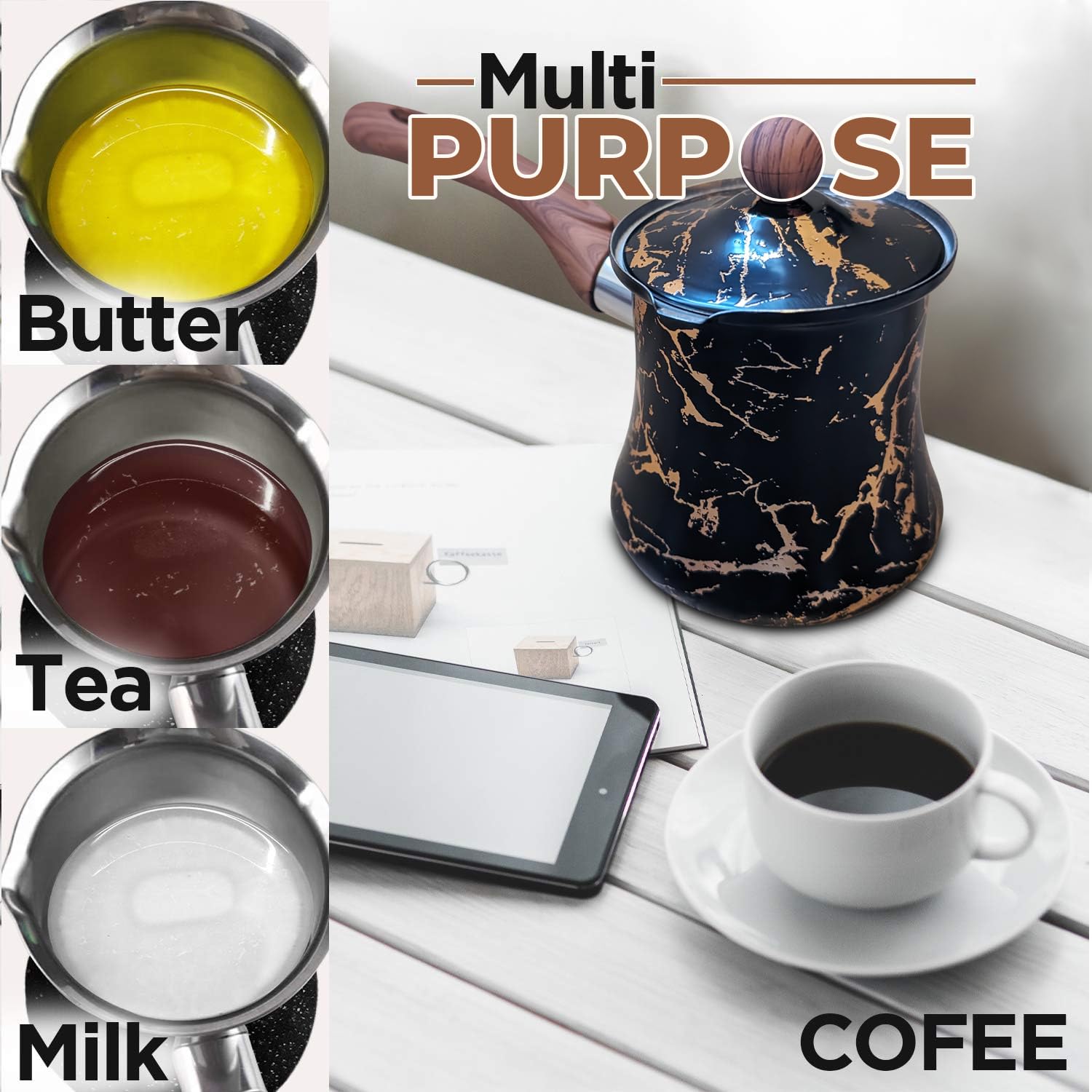 Cafetera turca de 19 onzas – Ibrik turco para café sabroso – Cafetera arábiga multiusos con tapa – Cafetera de acero inoxidable resistente