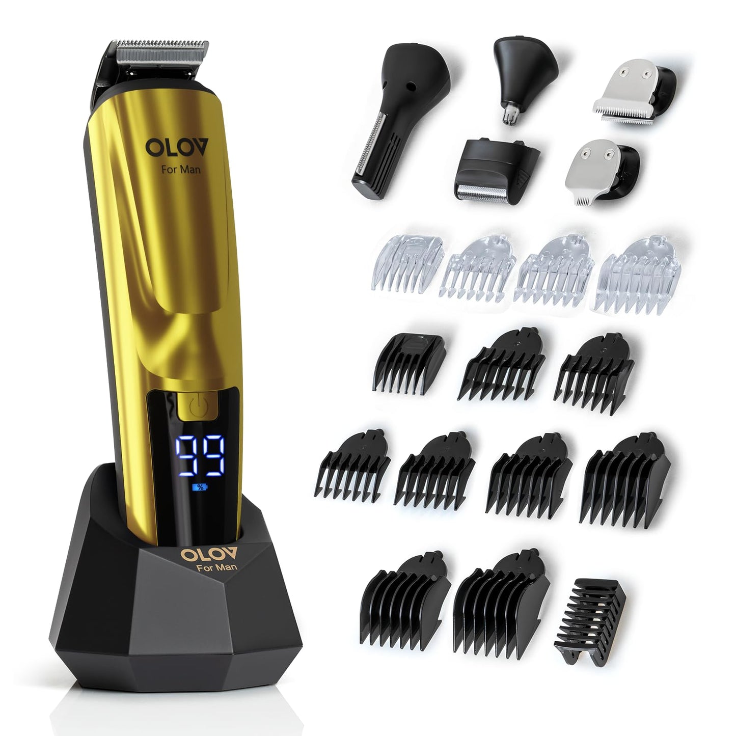 Cortadora de barba, 21 piezas para hombre, kit de aseo y cortapelos, maquinilla de afeitar eléctrica recargable inalámbrica, para barba, cara, nariz, recortadora de pelo, dorado