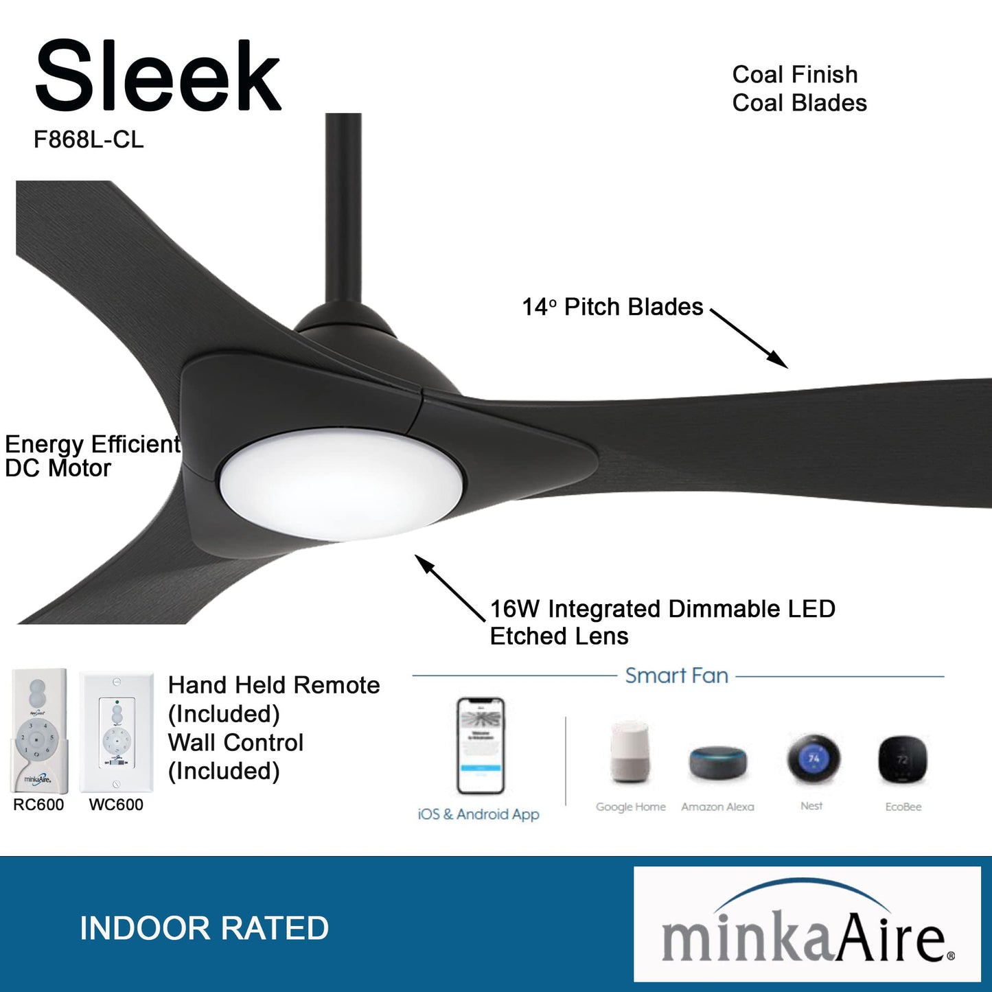 Ventilador de Techo Minka-Aire Negro Carbón con Luz LED y Control Remoto Inteligente