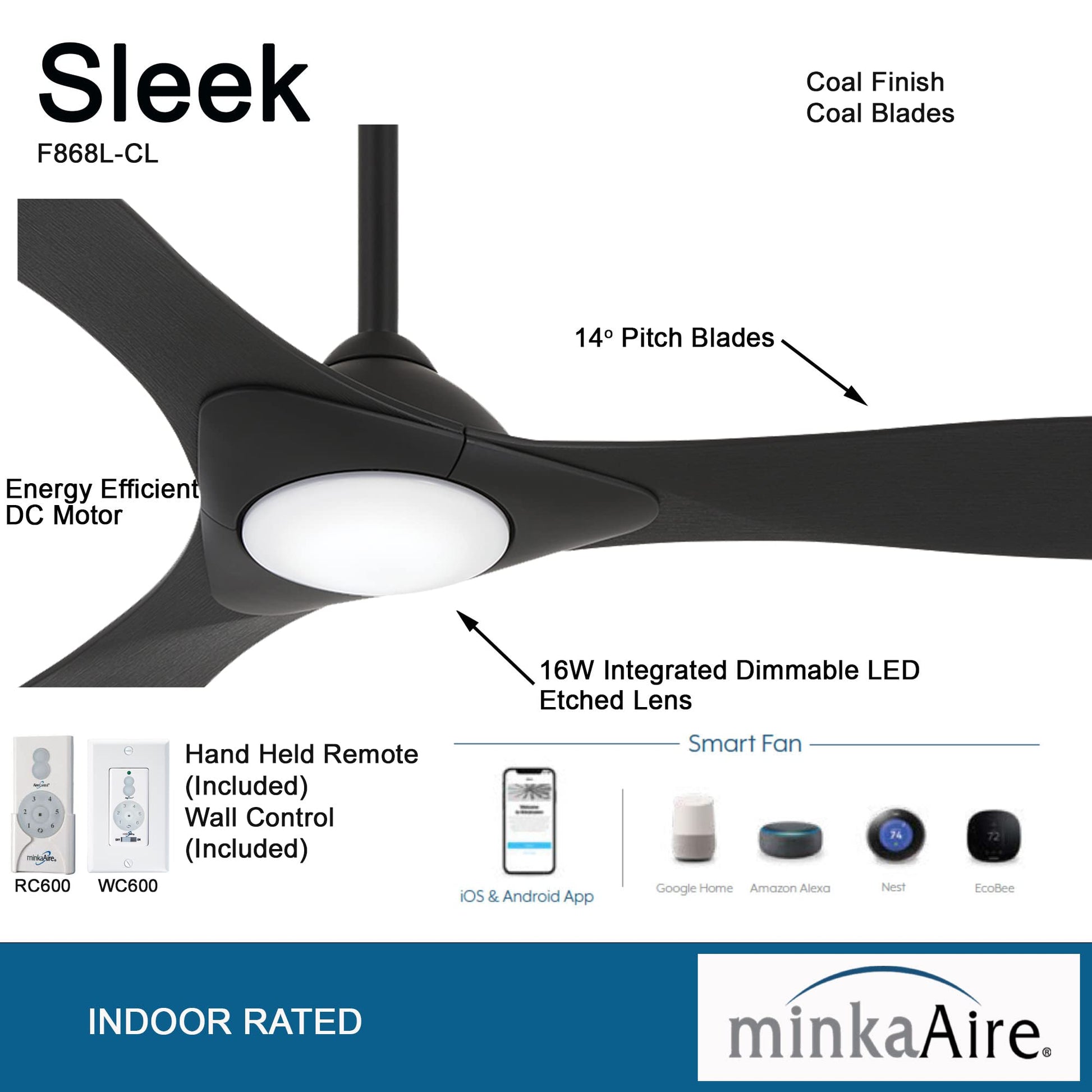 Ventilador de Techo Minka-Aire Negro Carbón con Luz LED y Control Remoto Inteligente