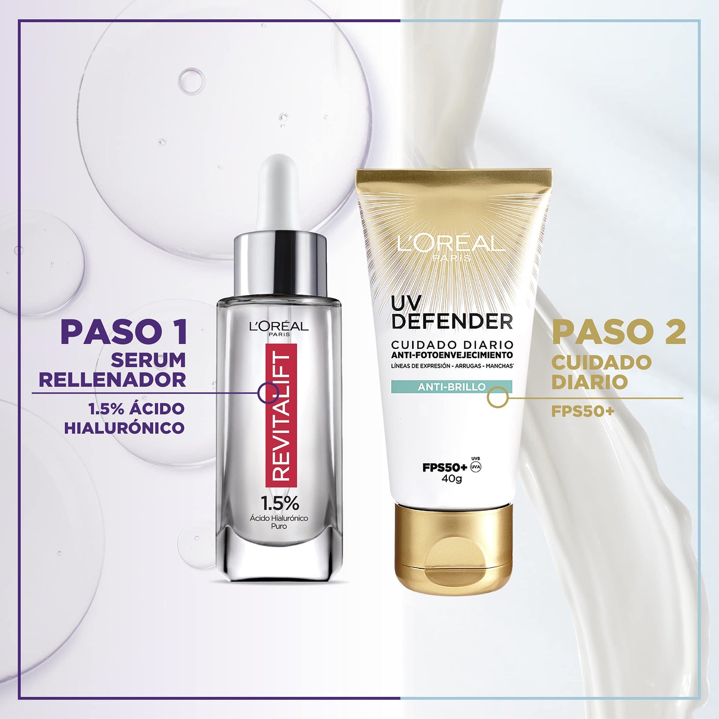 Kit Serum Facial L'Oréal Paris Revitalift Ácido Hialurónico con Bloqueador Solar Anti Brillo UV Defender FPS 50 Más Serum de Ojos Anti Líneas de Expresión, 20 ml