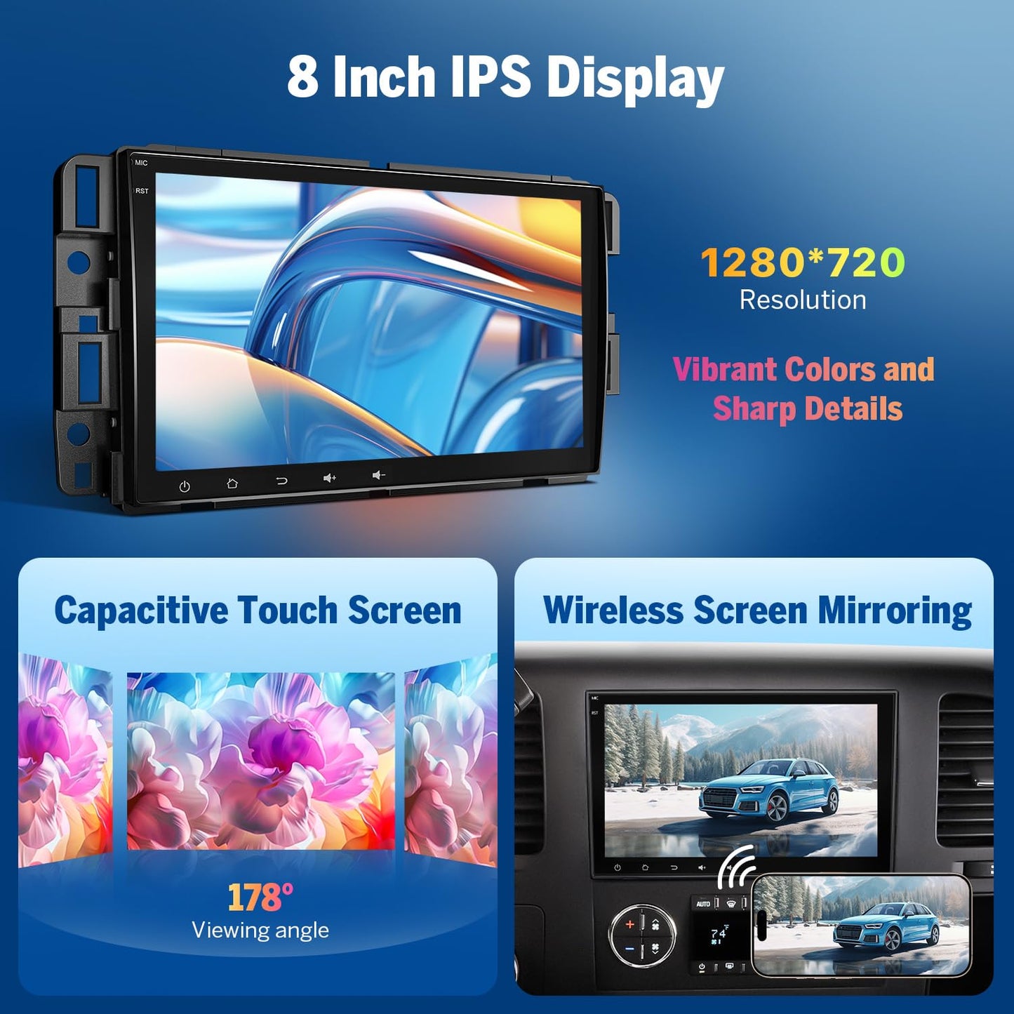 EononGMX7A 4G+64G Android 14 estéreo de coche compatible con GMC/Chevy/Buick Wireless CarPlay y Android Auto, radio de coche con visualización táctil de 8 pulgadas, SWC, Bluetooth, navegación, cámara