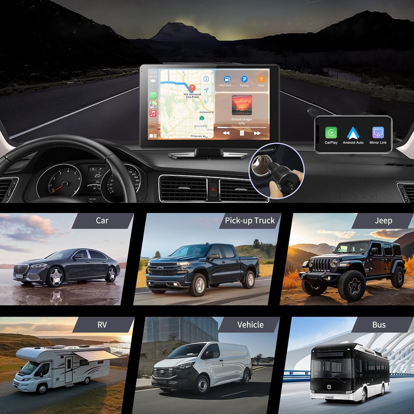 HXEIR Autoestéreo para Carro Portátil de 9 Pulgadas con 2K Dashcam, CarPlay inalámbrico, Android Auto, WiFi, GPS, Bluetooth, Mirror Link