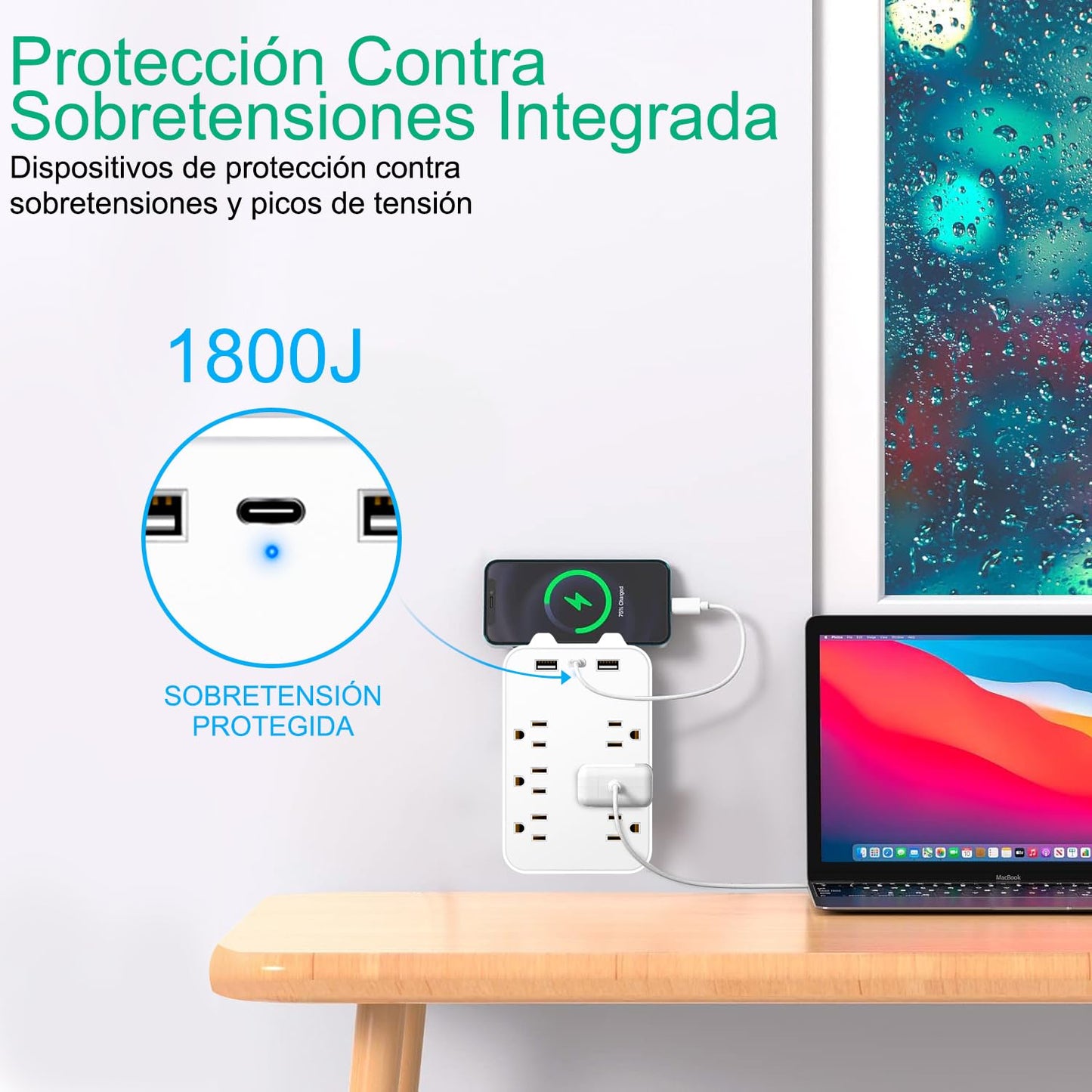 Multicontacto de Pared, Protector de Sobretensión de Pared con Extensor de 6 Tomas con 3 Puertos USB (1 USB-C), Regleta Multicontacto Extensiones Eléctricas Enchufe de pared para Oficina Casa