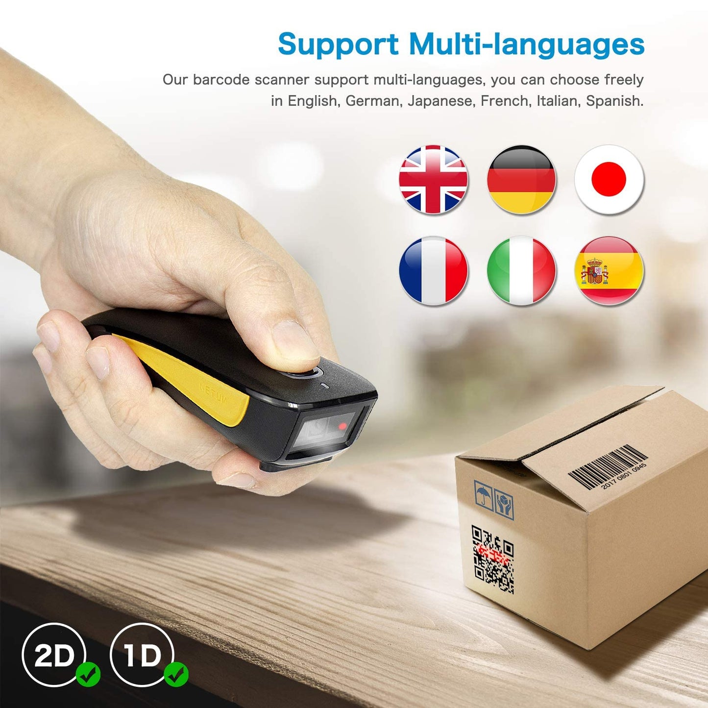 NETUM Escáner de código QR, mini escáner de código de barras compatible con Bluetooth, pequeño escáner portátil USB 1D 2D de código de barras para inventario, lector de imágenes inalámbrico 2.4G para