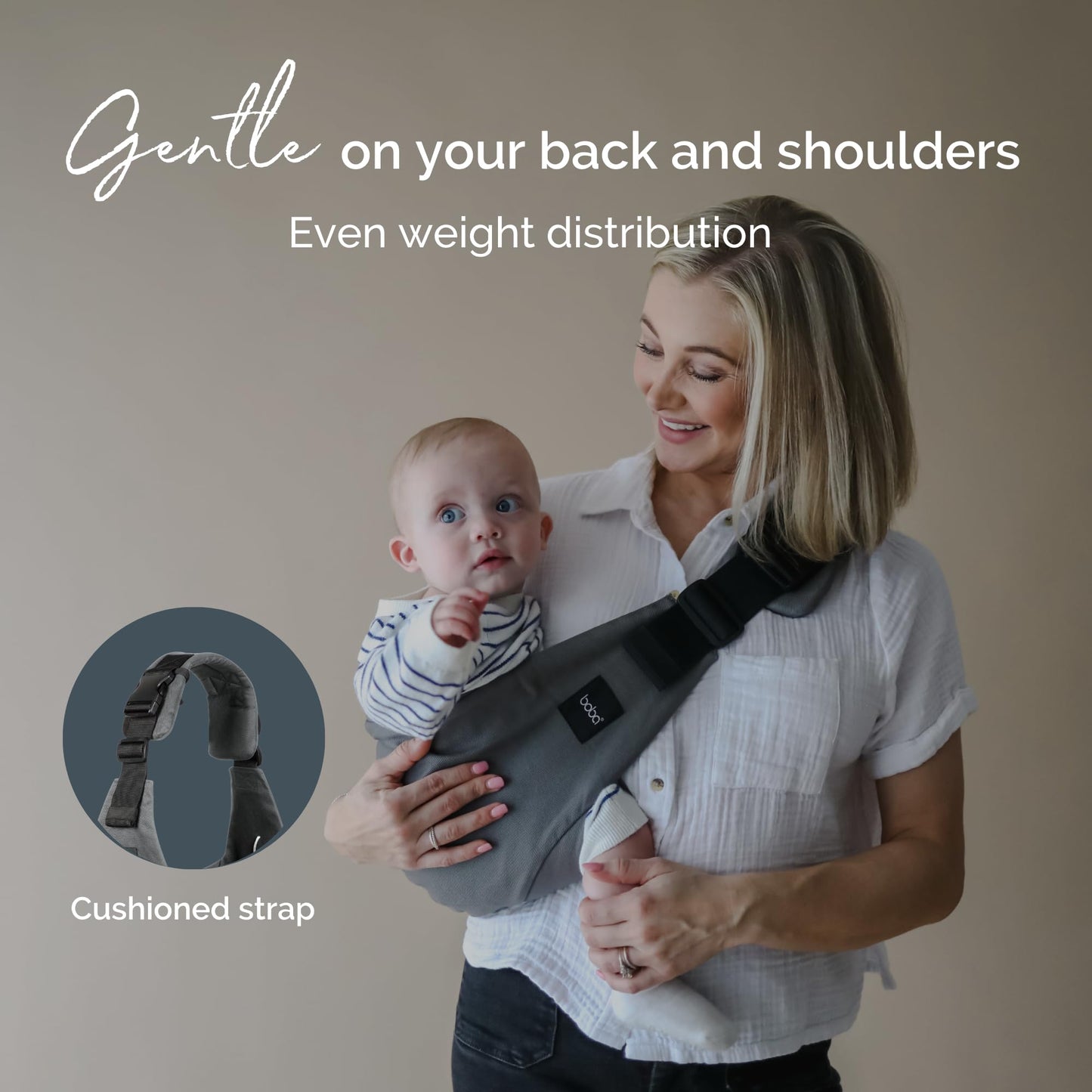 Boba Buddy - Sling portabebés 100% algodón, ergonómico con correas ajustables, hebilla de seguridad y asiento espacioso, incluye bolsa de transporte a juego (9-48 meses/18-44 libras) - Gris