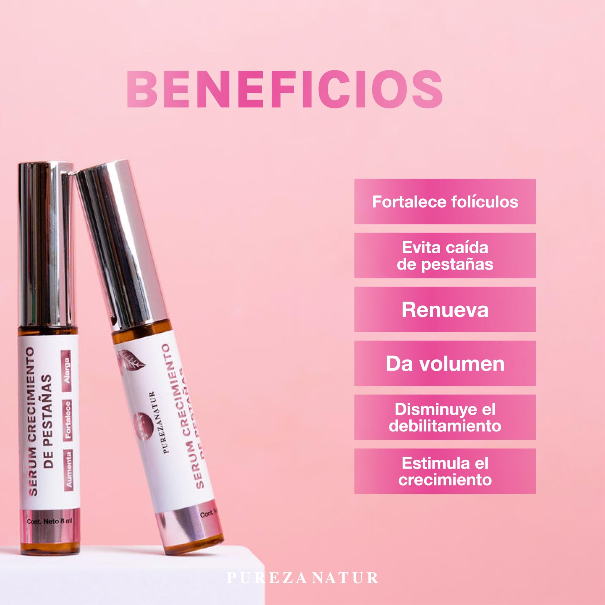 PUREZA NATUR Suero alargador y reparador de pestañas Eyelash growth | Serum con aplicador tratamiento para fortalecer y crecer pestañas 3D lash adicionado con Ácido hialurónico, Niacinamida, Biotina 8ml