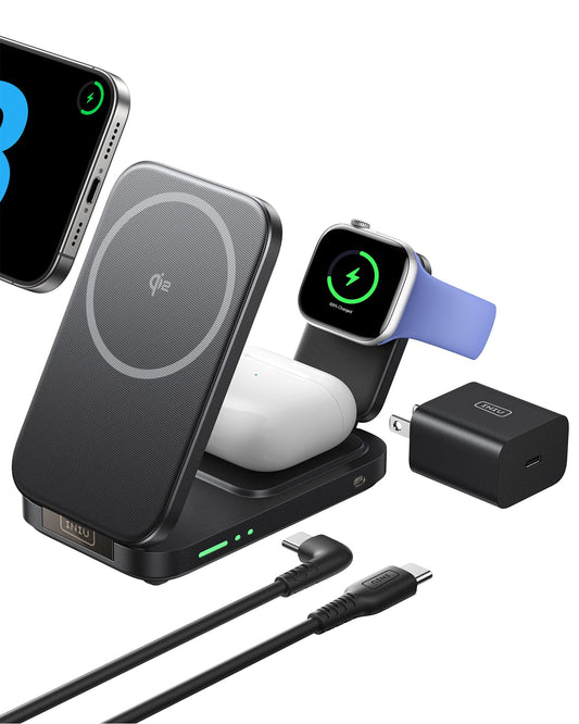 INIU 3 en 1 estación de Carga inalámbrica, Qi2 Certificado 15 W Cargador de Viaje para Apple múltiples Dispositivos, Soporte de Cargador Plegable para iPhone 16, 15, 14, 13 y 12 Series Apple Watch