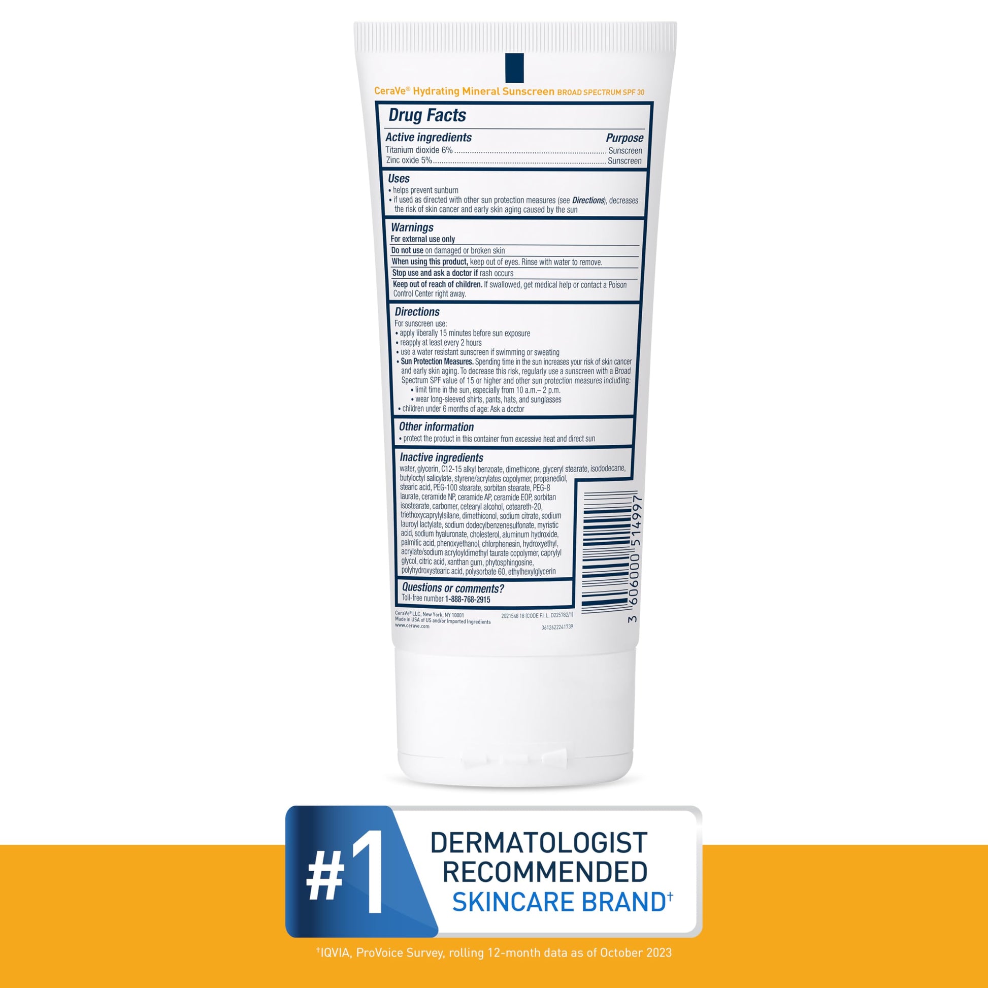 CeraVe 100% Mineral Sunscreen SPF 30 | Body Sunscreen with Zinc Oxide & Titanium Dioxide for Sensitive Skin | 5 oz, 1 Pack