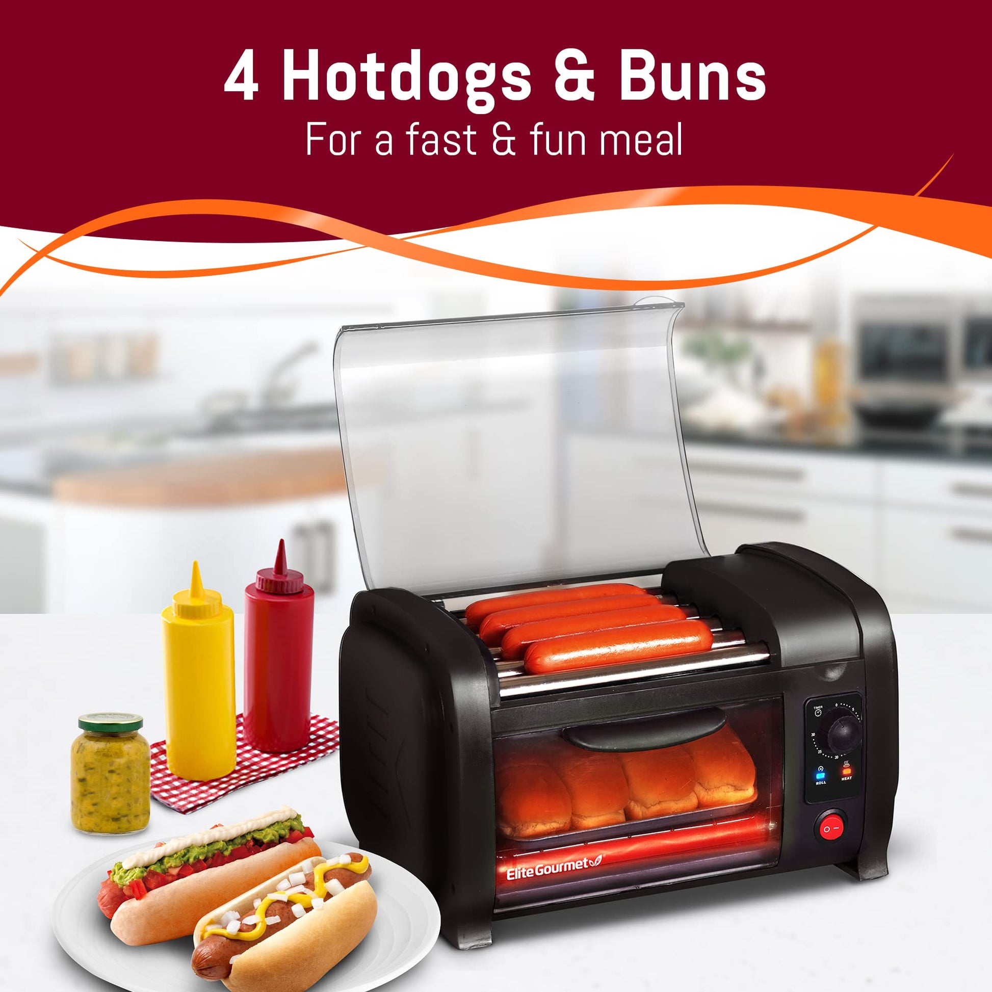Elite Gourmet EHD-051B - Horno tostador para perros calientes, temporizador de 30 minutos, rodillos de calor de acero inoxidable, charola para hornear y migas, béisbol de la serie mundial, capacidad