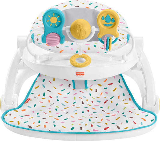 Fisher-Price - Silla portátil para bebé de lujo, asiento de suelo sentado con bandeja para aperitivos, juguetes de actividad para recién nacidos y almohadilla lavable con chorros de arco iris