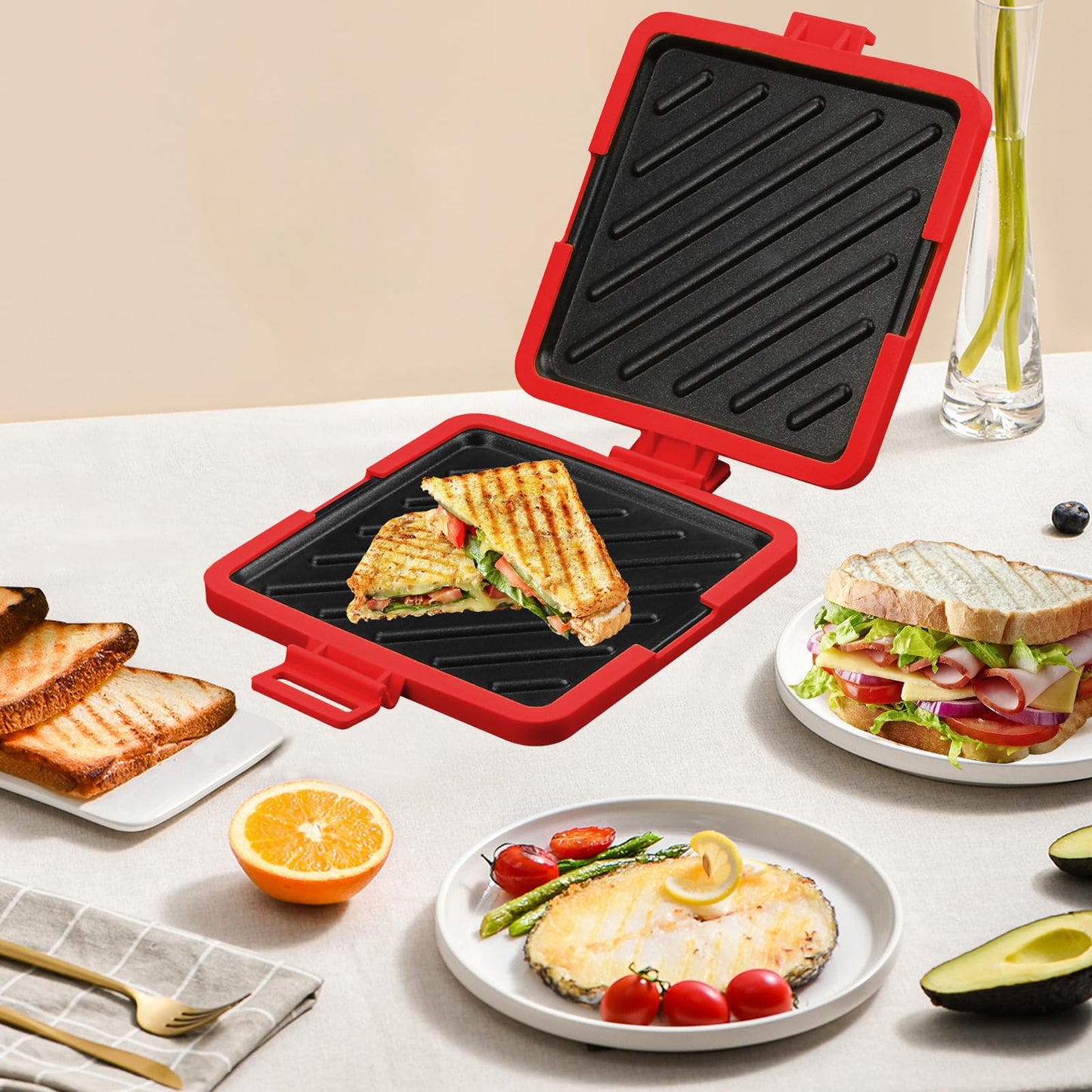 Garqitwan Tostadora para Microondas, Sandwichera Tostada para Microondas, Gofrera Multifunción Antiadherente con Correas de Silicona Ajustables (Rojo)