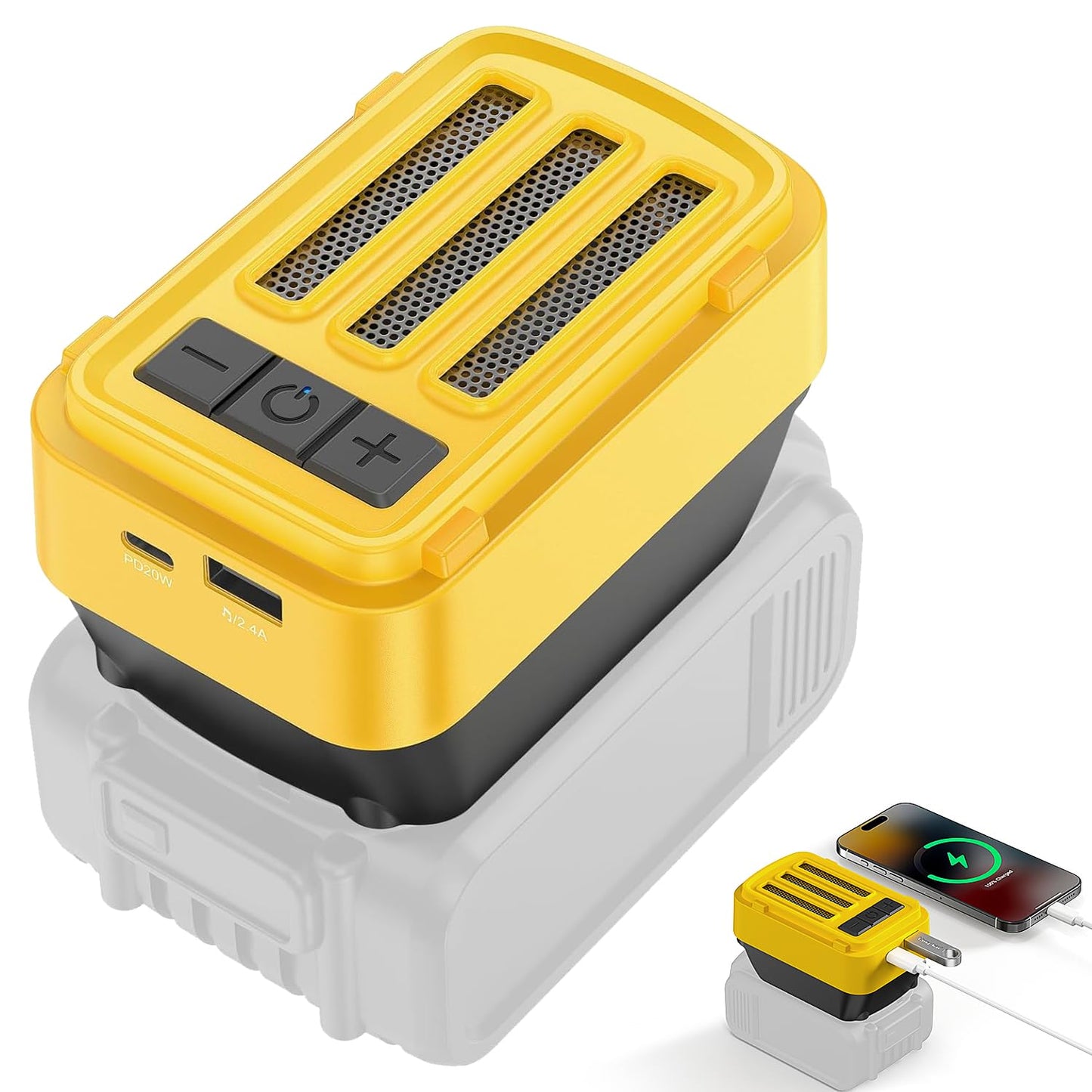 SurgeSonic - Altavoz Bluetooth para batería Dewalt de 20 V máximo, altavoz inalámbrico con carga USB-A/C, para lugares de trabajo al aire última intervensión, fiestas, cochera, campamento (batería no