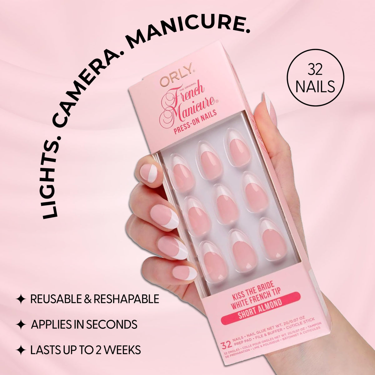 Orly Uñas postizas ORLY | Diseños almendrados, cuadrados, punta francesa, cortos y largos (punta francesa Kiss the Bride (almendra corta))