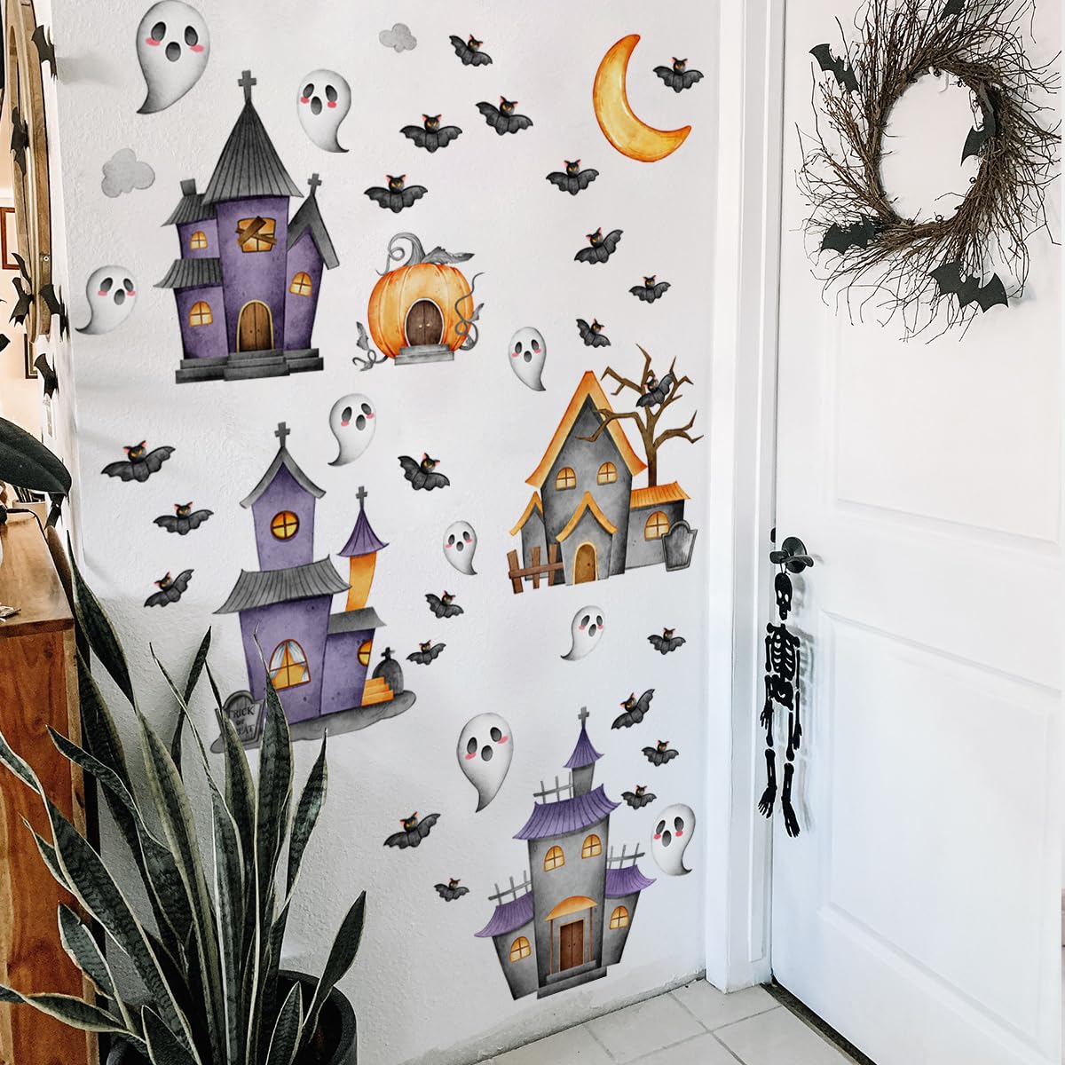 Haunted House - Calcomanías de pared de Halloween, calcomanías espeluznantes de calabaza, calcomanías de ventana, mural de decoración de pared para guardería, bebé, recámara, sala de estar, cocina,