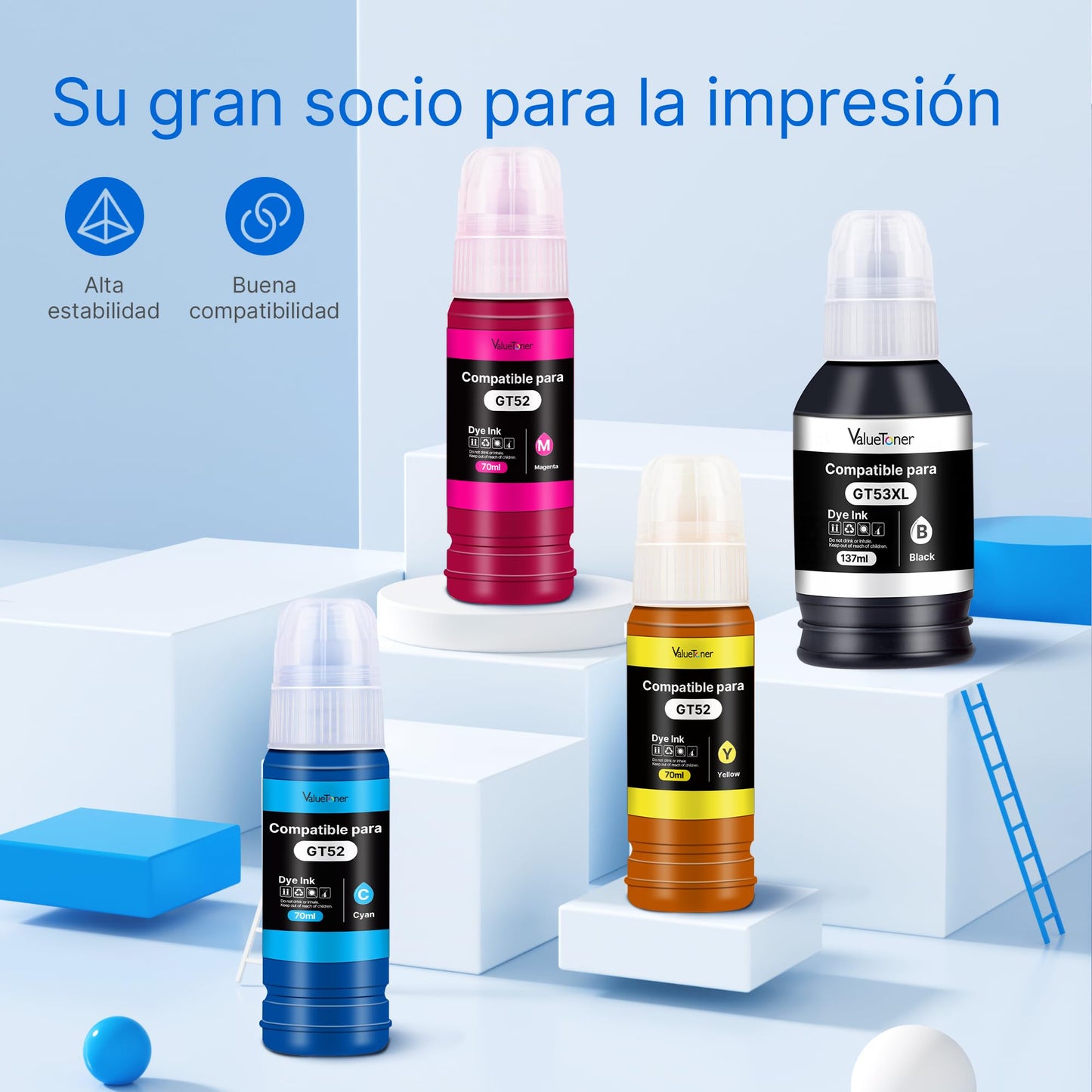 Botella de Tinta Compatible Valuetoner para HP GT52 GT53XL Multicolor para Impresoras Deskjet Series 5800 5810 5820 Ink Tank 100 300 410 (4 Unidades)