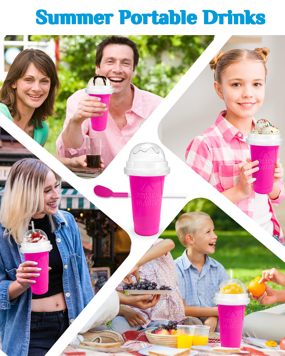 Vaso para granizados, vasos mágicos para hacer granizados, vaso portátil para jugos, leche y helado, de sílice de doble capa con tapa y pajita para niños, amigos y familiares (rosa)
