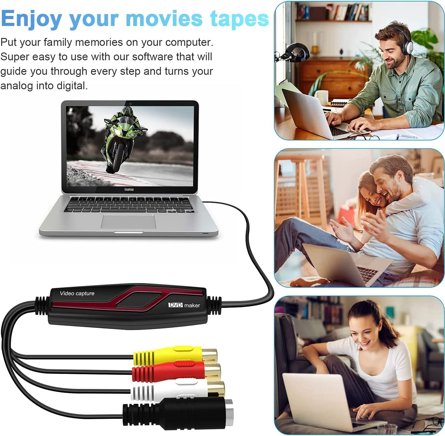 Convertidor VHS a Digital, Dispositivo de Tarjeta de Captura de Video, convertidor Digital VHS VCR Hi8 Mini DV a Mac, convertidor de Video RCA a USB para Reproductor de Cinta de TV, videocámara,