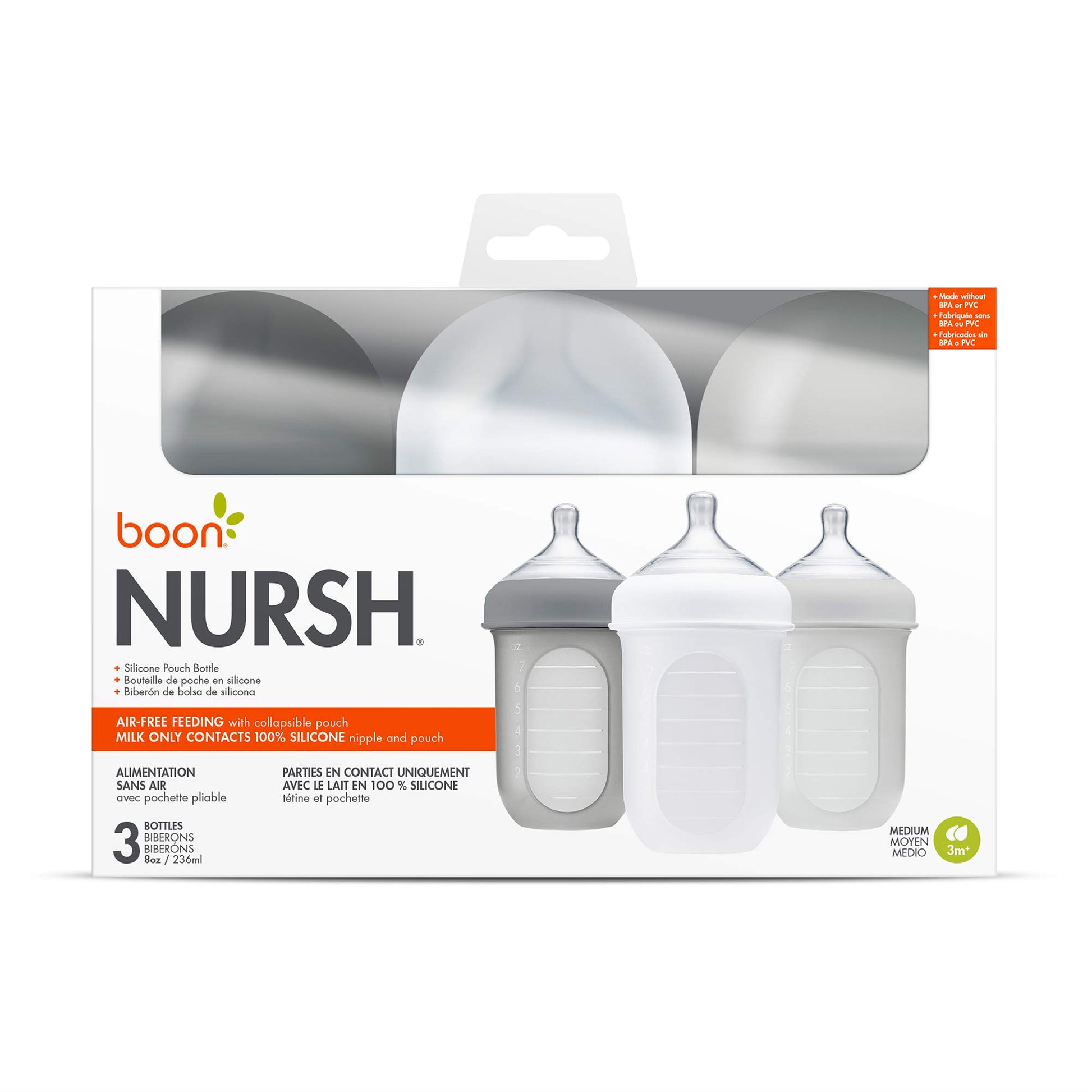 Boon Nursh - Bolsa de silicona reutilizable para biberones – Pezón de flujo medio – Bolsa de silicona para biberones y pezones – Esenciales para la alimentación del bebé – Gris – 3-6 meses – 3