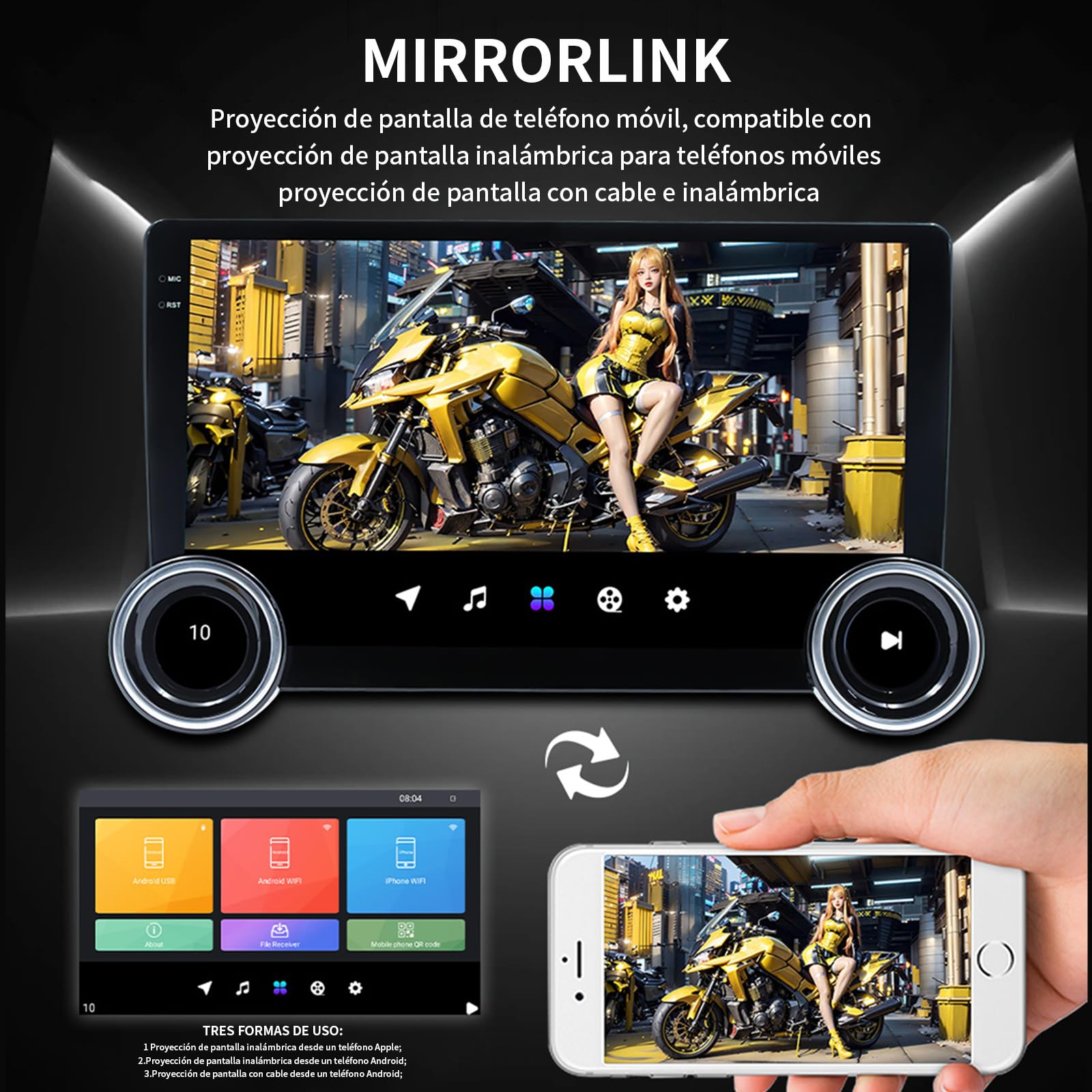 FINYQBET Pantalla Android para Auto de 10.1", Estéreo 2 DIN con CarPlay y Android Auto Inalámbrico, Bluetooth 5.1, GPS y WiFi, Compatible con Cámara de Reversa y Control de Volante