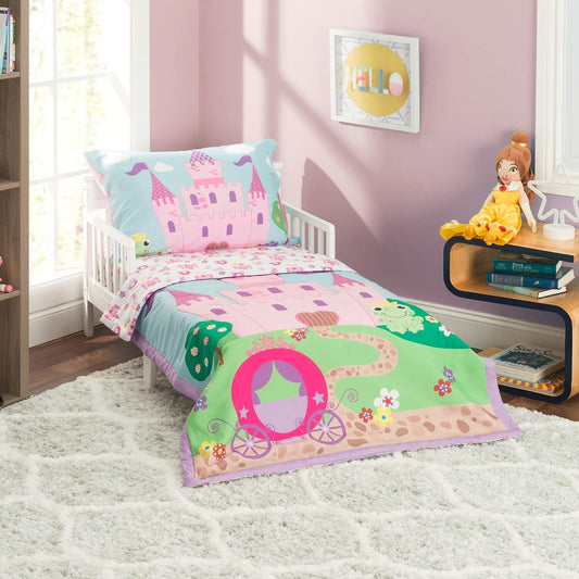 Everyday Kids - Juego de ropa de cama de 4 piezas para niños pequeños - Princess Storyland - Incluye edredón, sábana encimera, sábana bajera ajustable y funda de almohada reversible