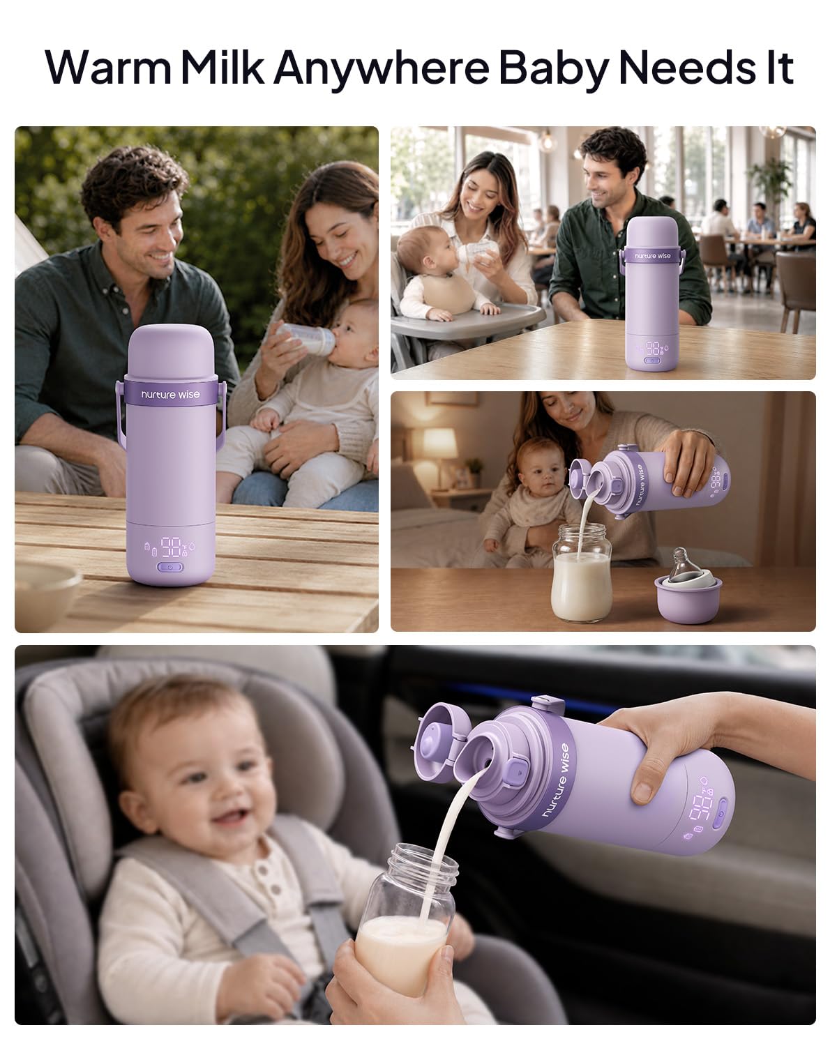 Nurturewise Calentador de botellas portátil, el primero del mundo con funda de protección de batería y esterilizador incorporado, IPX5 resistente al agua, triple a prueba de fugas, calentamiento