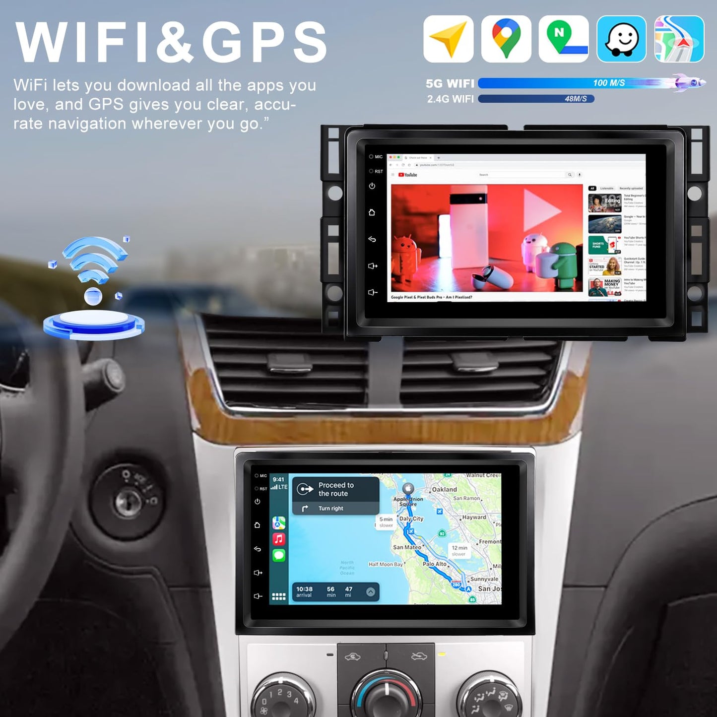 Actualización de Radio para Automóvil 5G WiFi para Chevy Chevrolet Malibu 2008 2009 2010 2011 2012, Principal Estéreo con Pantalla Táctil de 7 Pulgadas con CarPlay Inalámbrico, Android Auto, GPS