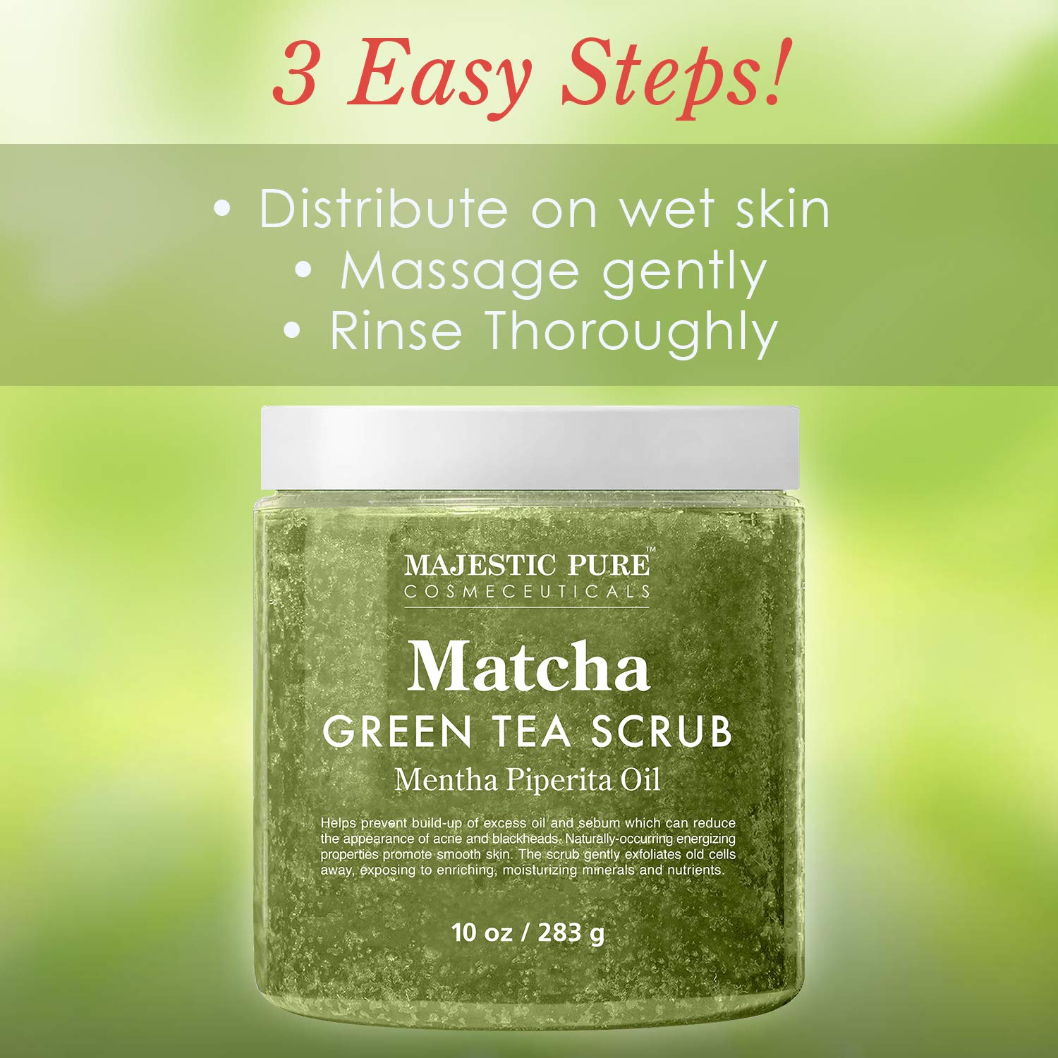 MAJESTIC PURE Matcha Green Tea Body Scrub for All Natural Skin Care - Exfoliating Multi Purpose Body and Facial Scrub Moisturizes and Nourishes Face and Skin - 10 oz - Great Gift for Her