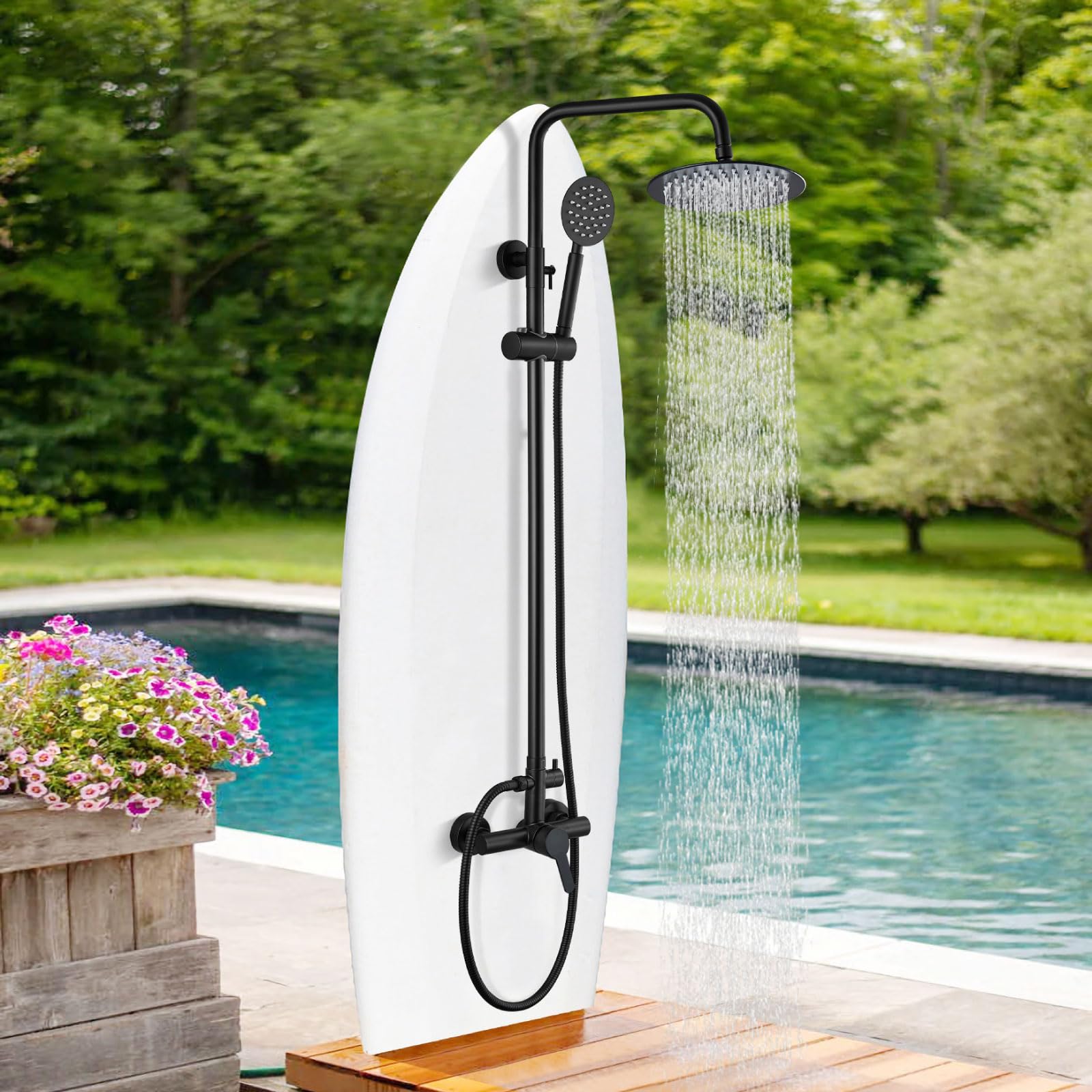 gotonovo SUS304 - Juego de accesorios de ducha para exteriores, sistema de ducha de lluvia de alta presión, montaje en pared, 2 cabezales de ducha de doble función de 8 pulgadas y rociador de mano