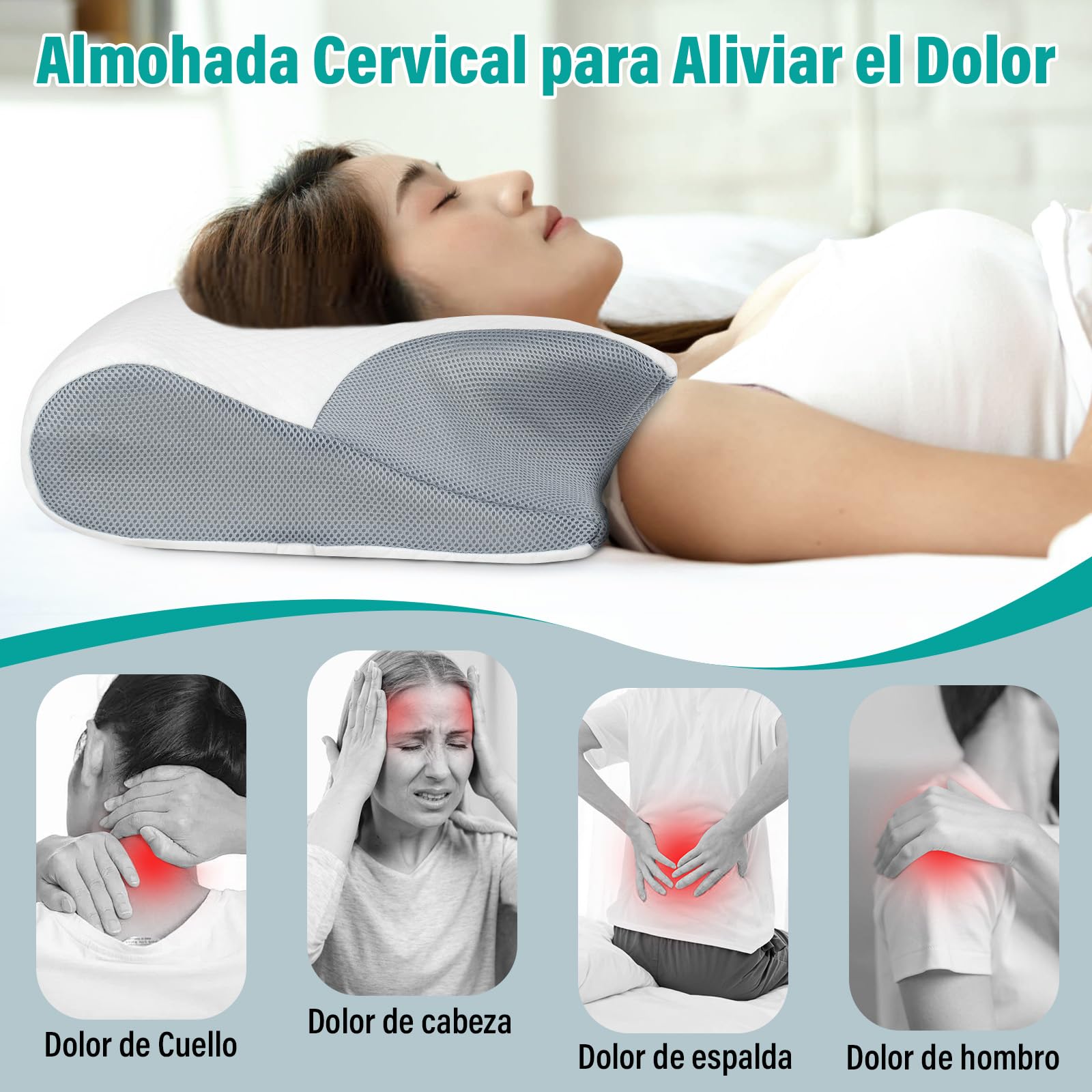 KIROGILY Almohadas Memory Foam, Almohada Cervical para Aliviar el Dolor de Cuello, Almohada Ortopédica Ergonómica para Personas Que Dormir de Lado, Boca Arriba o Boca Abajo, con Fundas de Almohada