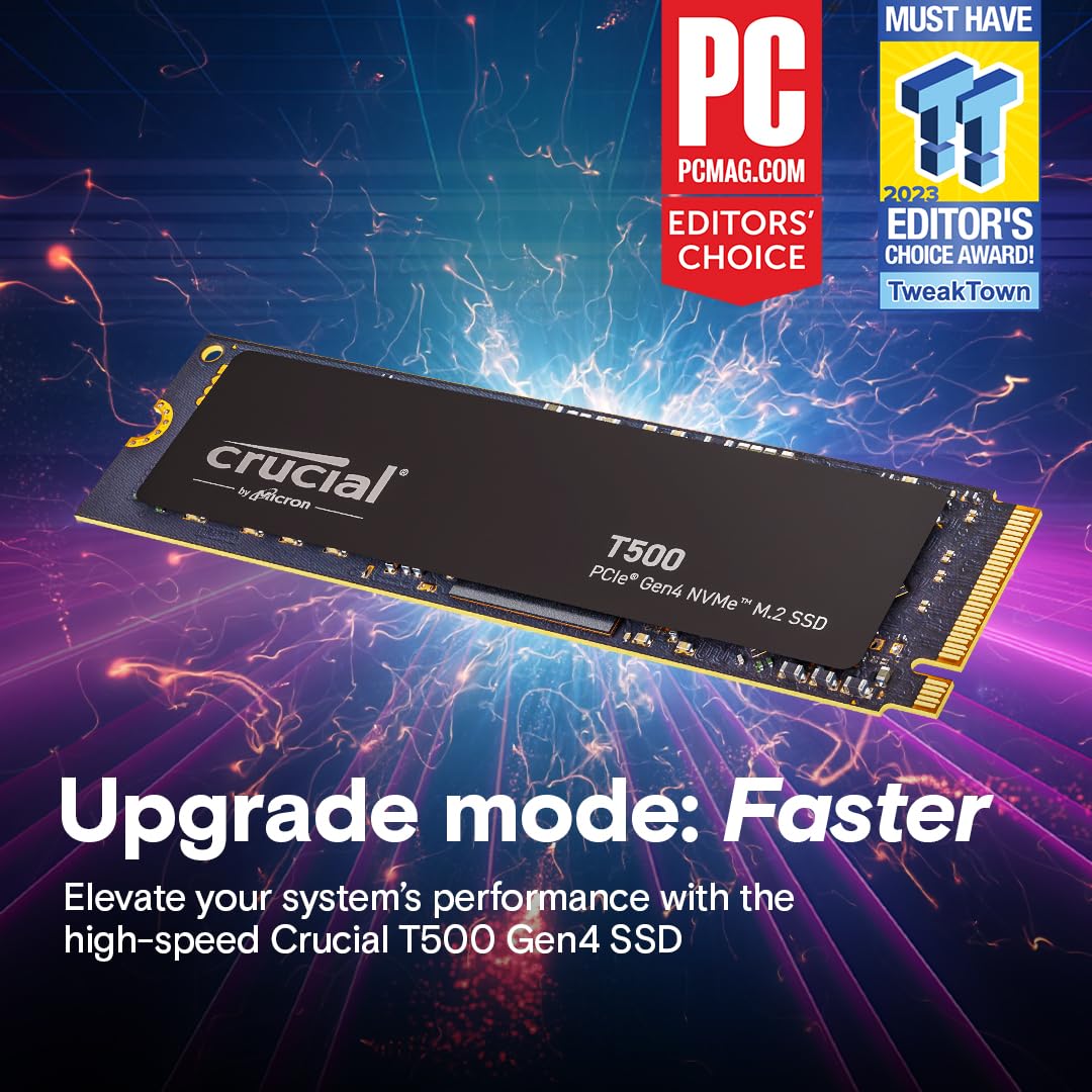 Crucial T500 1TB Gen4 NVMe M.2 SSD Interno para Juegos, hasta 7300 MB/s, Compatible con portátiles y Equipos de sobremesa + 1mo Adobe CC Todas Las Aplicaciones - CT1000T500SSD8