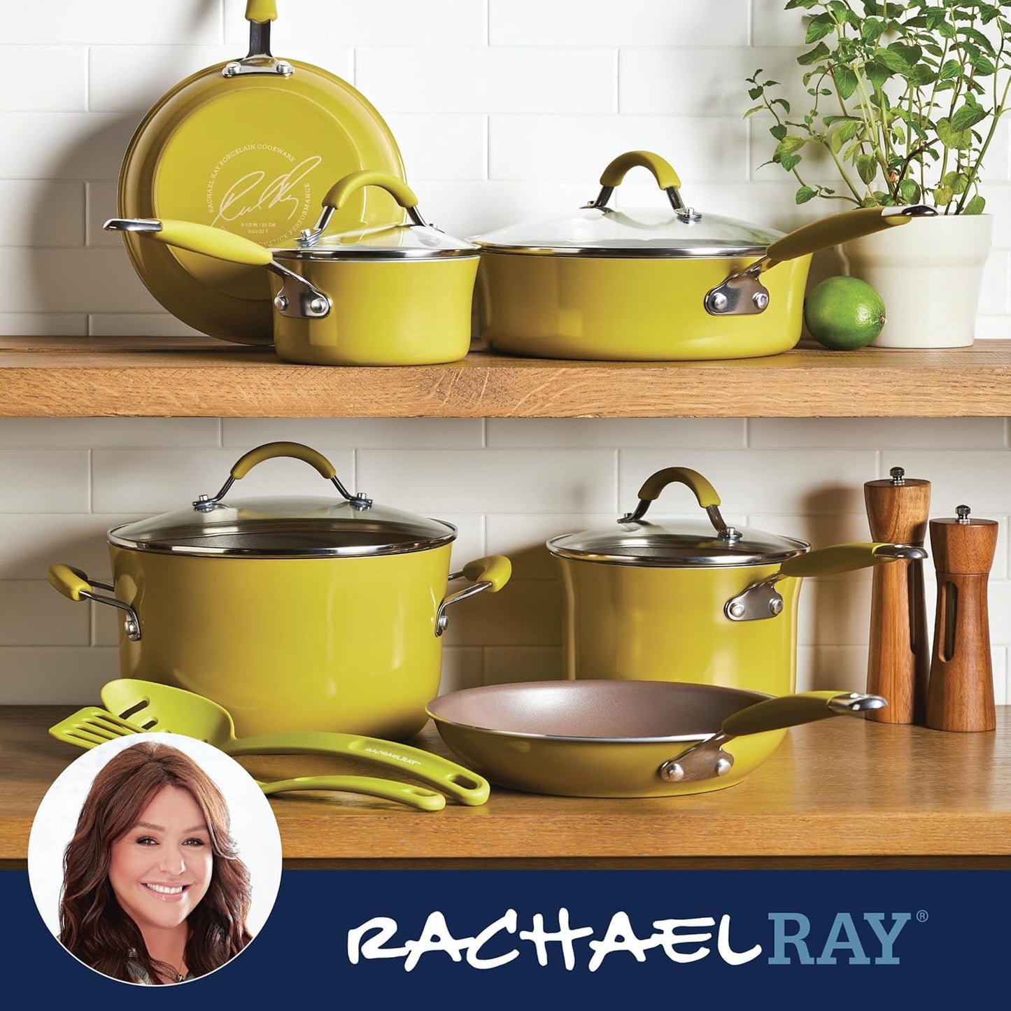 Rachael Ray Cucina - Batería de cocina antiadherente, porcelana dura, 12 piezas, Verde Limon