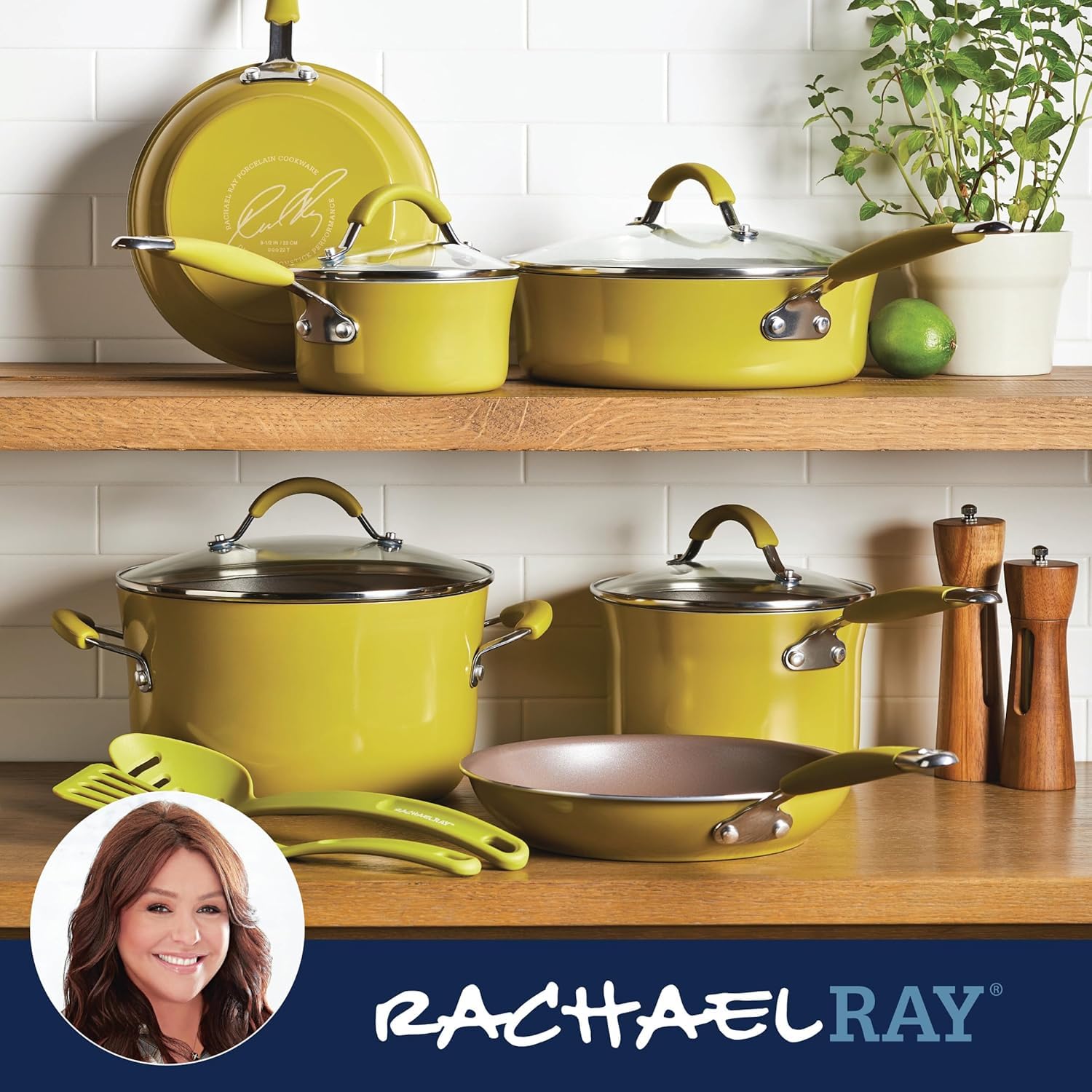 Rachael Ray Cucina - Batería de cocina antiadherente, porcelana dura, 12 piezas, Verde Limon