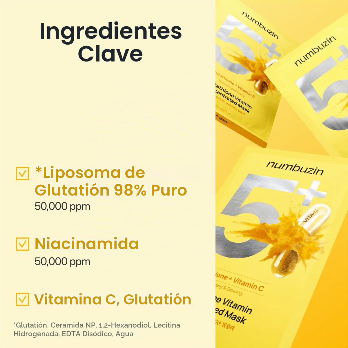 numbuzin Máscara de hoja No.5 | Máscara de lámina de foco de vitamina | Glutatión y vitamina C | Reduce la hiperpigmentación, mejora la tez de la piel | Suave y no irritante | 5 hojas