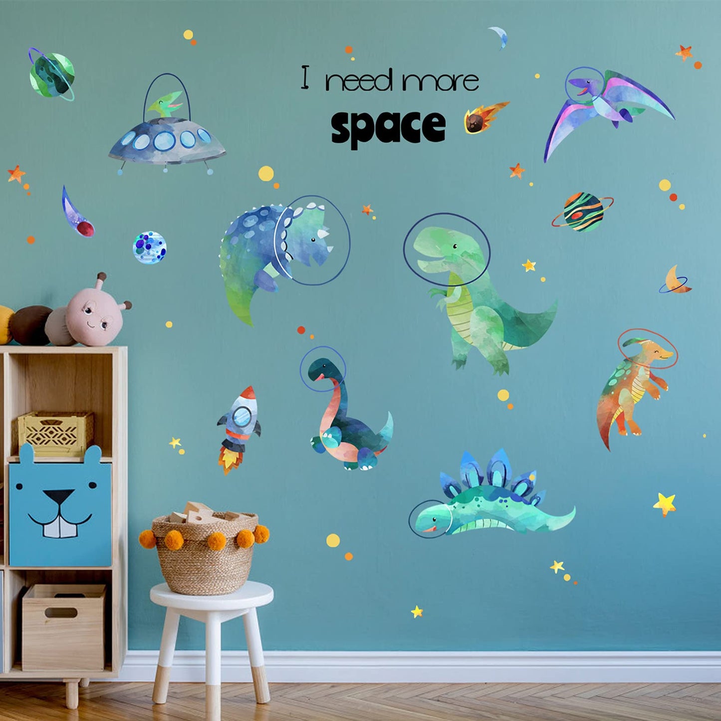 Yovkky - Calcomanía de pared para niños, dinosaurios espaciales, astronautas, divertidos adhesivos de dinosaurio, planeta de animales de dinosaurio, decoración de cohetes, decoración del hogar