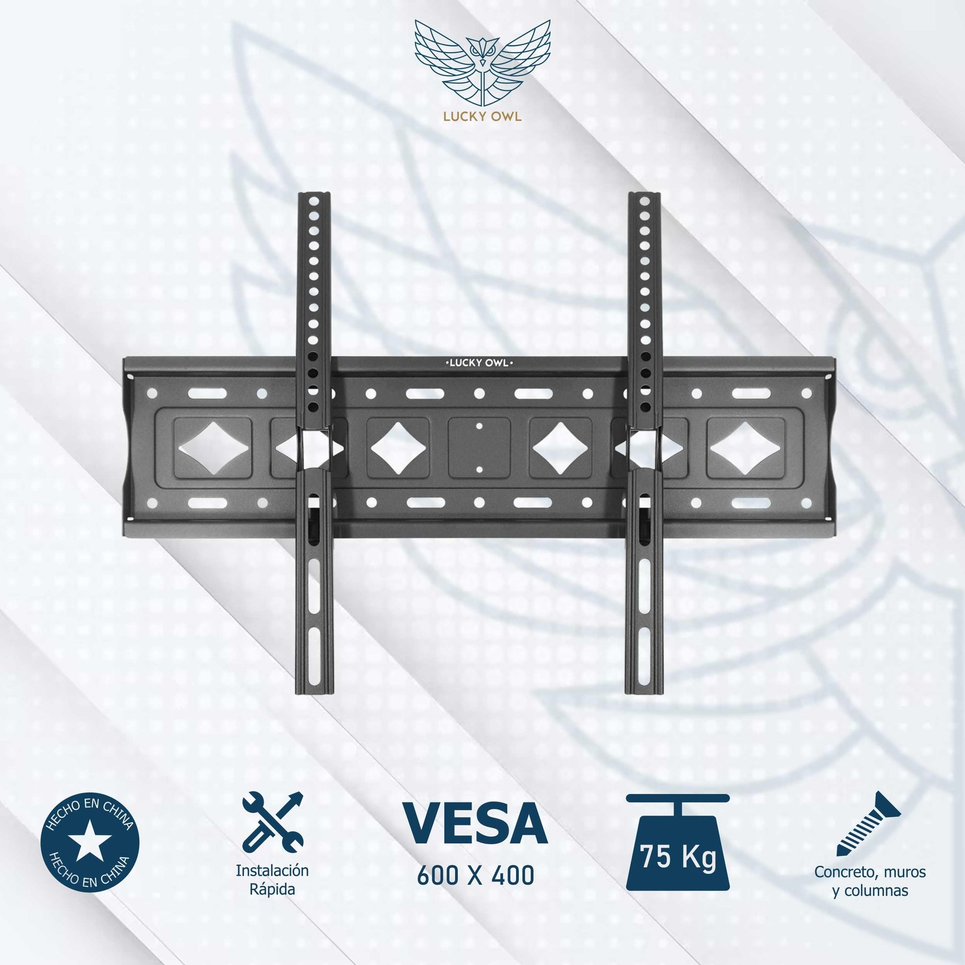 Lucky Owl Soporte de TV inclinable de 32 40 43 50 55 60 65 70 75 Pulgadas, Montaje en Pared, Dimensión 1.5mm, Carga máxima de 75kg, VESA 600X400, Material Reforzado.