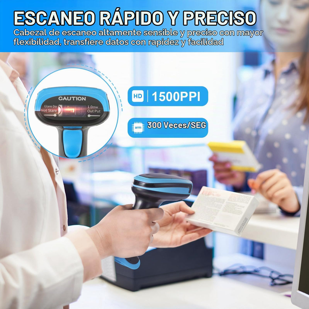 Escáner de Código de Barras JRHC Inalámbrico 1D con USB Plug and Play
