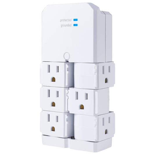 GE Protector contra sobretensiones Extensor de 6 Salidas Pro con Salidas giratorias, Adaptador de Grifo de Pared, rotación de 90 Grados, 1080 Julios, garantía, listado UL, Blanco, 37063
