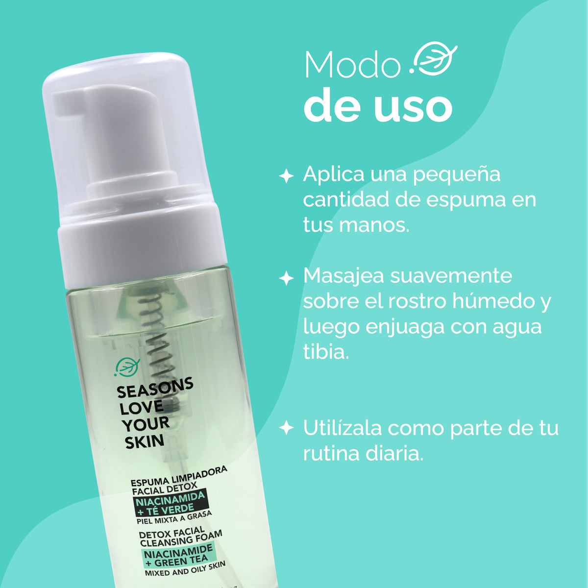 seasons love your skin espuma limpiadora facial con niacinamida té verde para piel mixta a grasa o con acné 150 ml