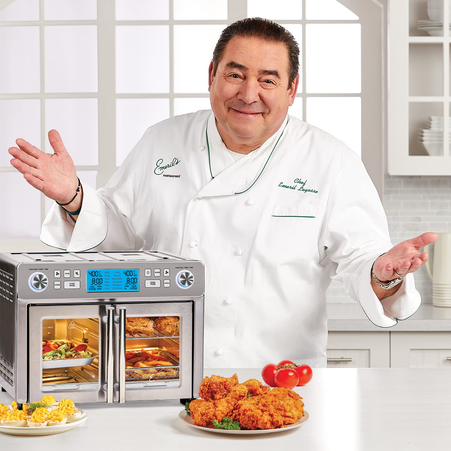 Emeril Lagasse Dual Zone 360 Air Freyer Oven Combo con puerta francesa, comidas extra grandes de 25 cuartos de galón para cocinar dos alimentos de dos maneras diferentes al mismo tiempo, hasta un 60%