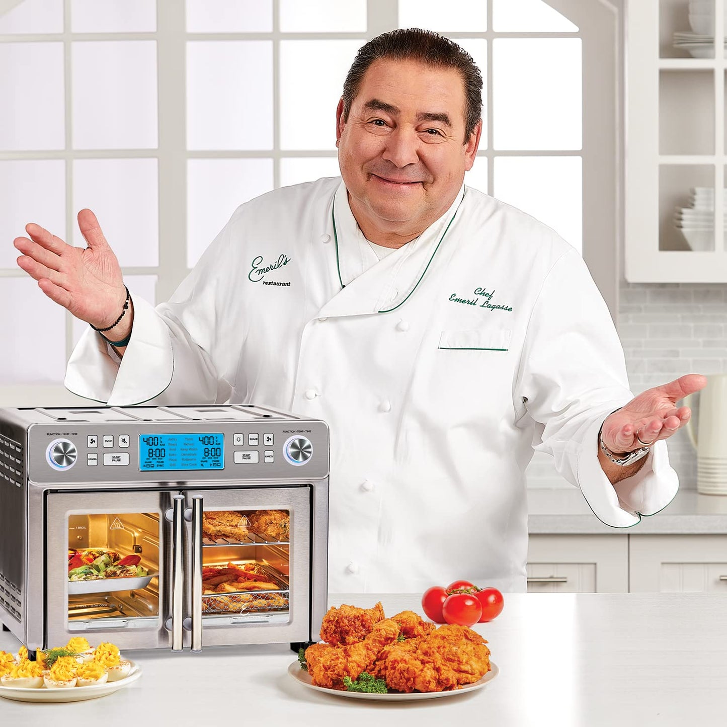 Freidora Aire Dual Zone Emeril Lagasse con Puerta Francesa para Cocinar Comidas Extra Grandes de 25 Cuartos de Galón