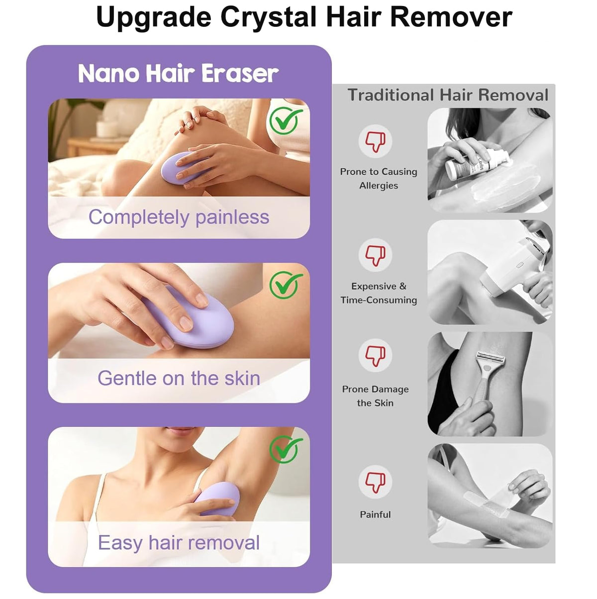MINOCHI 2 unidades de depilador de cristal reutilizable para mujer, depiladora de cristal indolora para mujeres y hombres, exfoliación mágica indolora para eliminar el vello.