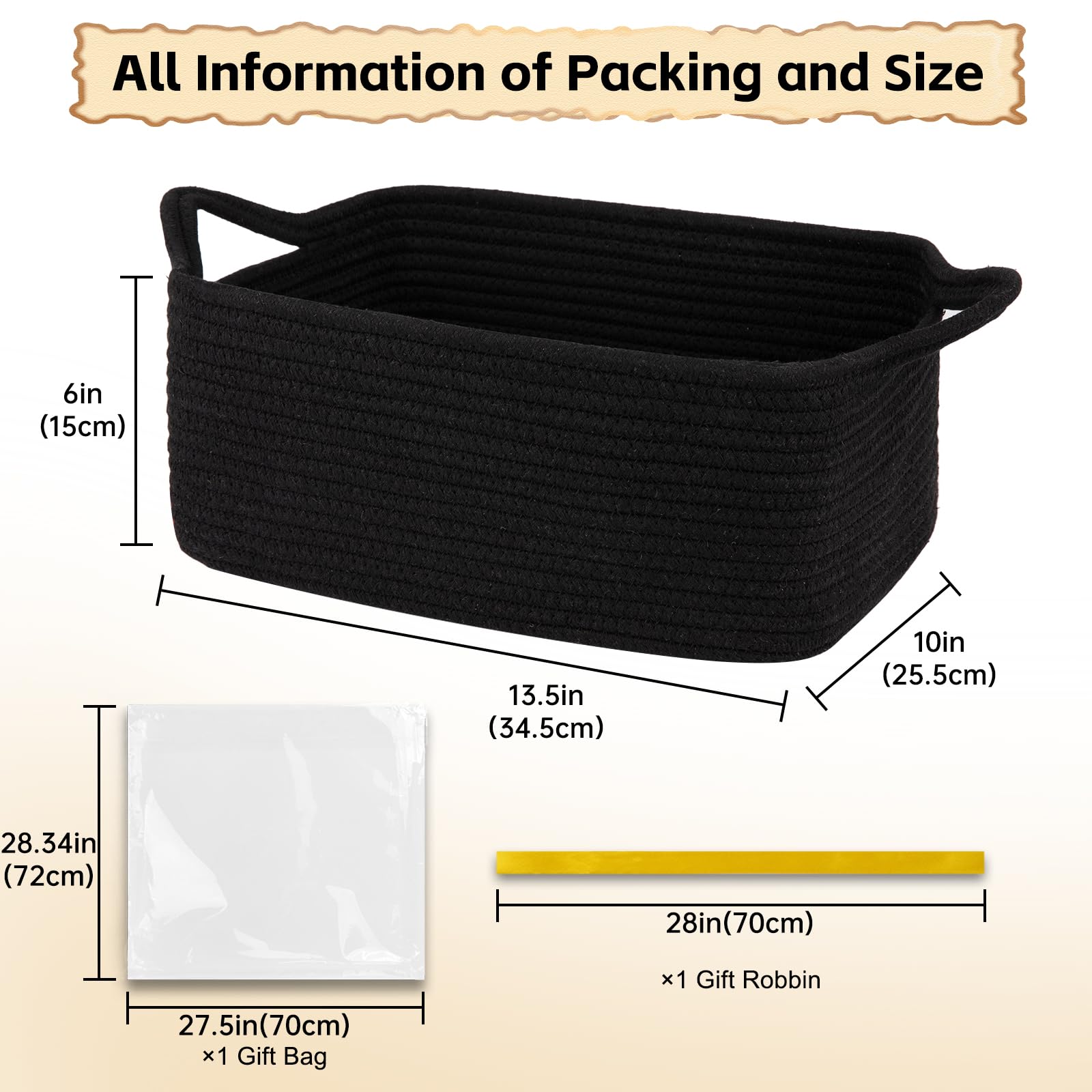 OIAHOMY - Cesta de regalo vacía con bolsas de regalo y cintas, cesta de cuerda para baby shower, cesta de almacenamiento con asas para guardería, cesta de juguetes para mascotas, color negro