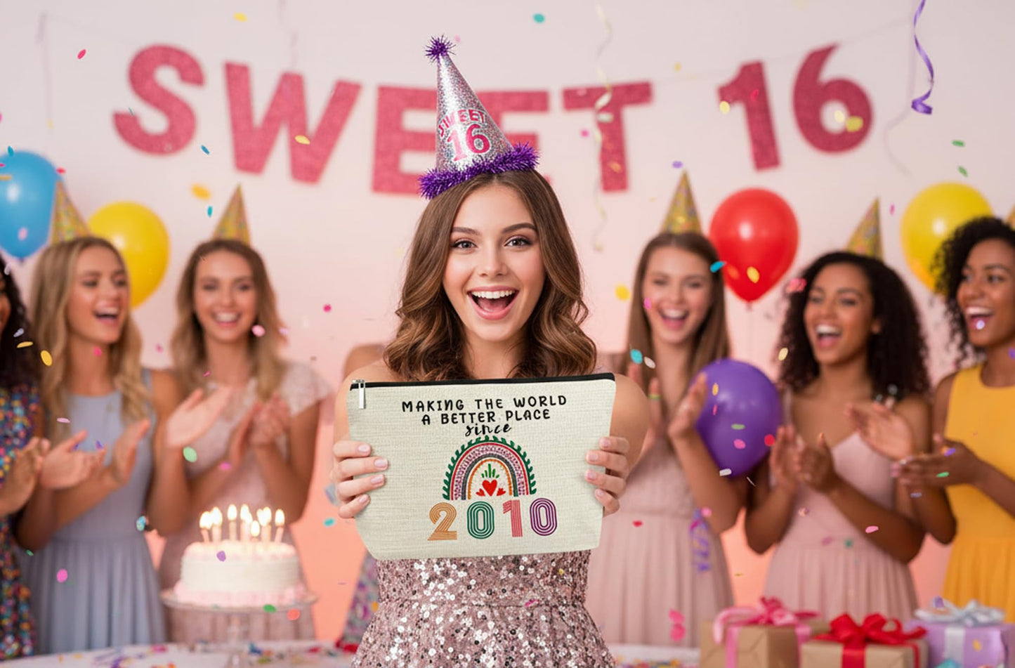 DMZIY Sweet 16 regalos para niñas bolsas de maquillaje, decoraciones de feliz cumpleaños 2010 para adolescentes, ideas de regalo de 16 años para hija, hermana, nieta, sobrinas, pequeña bolsa de viaje