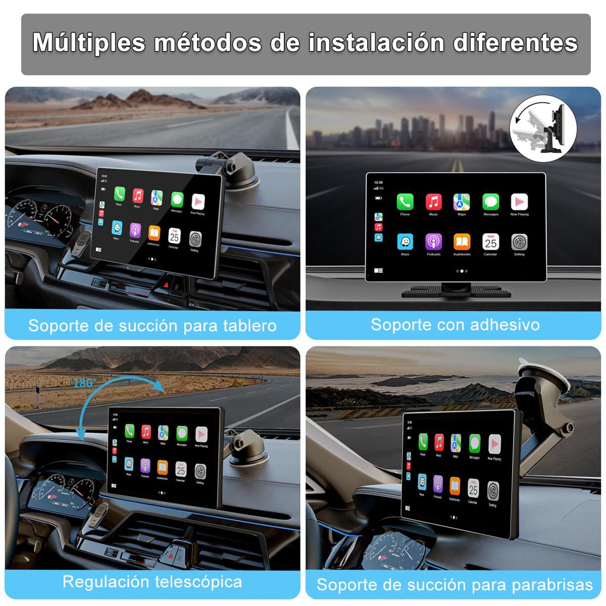 Autoestéreo para Carro Portátil de 9 Pulgadas con 2K Dashcam, Compatible con Todos los Vehículos, con CarPlay inalámbrico, Android Auto, WiFi, GPS, Bluetooth, Mirror Link y Cámara de Visión Trasera.