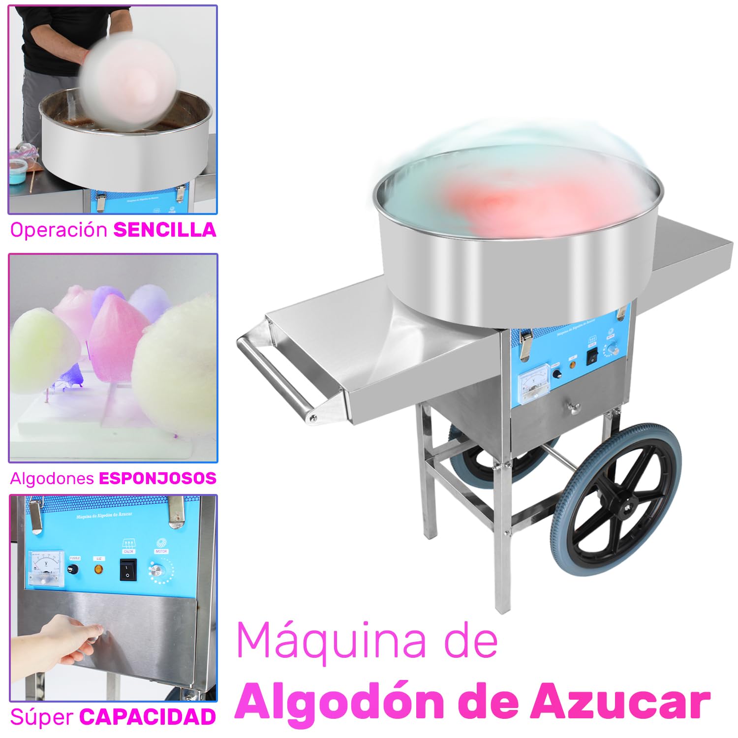 GUTSTARK Maquina Algodon Azucar Comercial Ruedas 110v 1000w Cotton