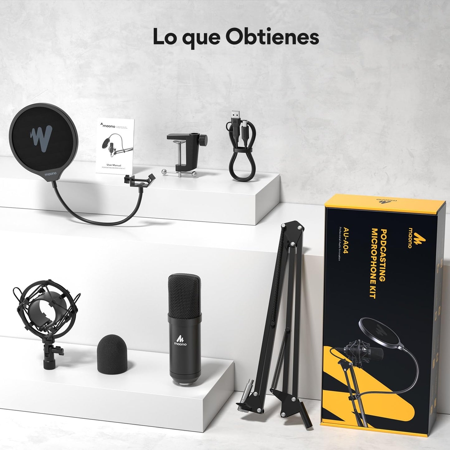 MAONO Kit Micrófono USB Condensador, Mic Cardioide con Chipset de Sonido Profesional 192KHZ/24BIT Plug & Play para PC, Mac, PS4, Microfono para Gamer, Streaming, Podcast, Youtube, Grabación(AU-A04)