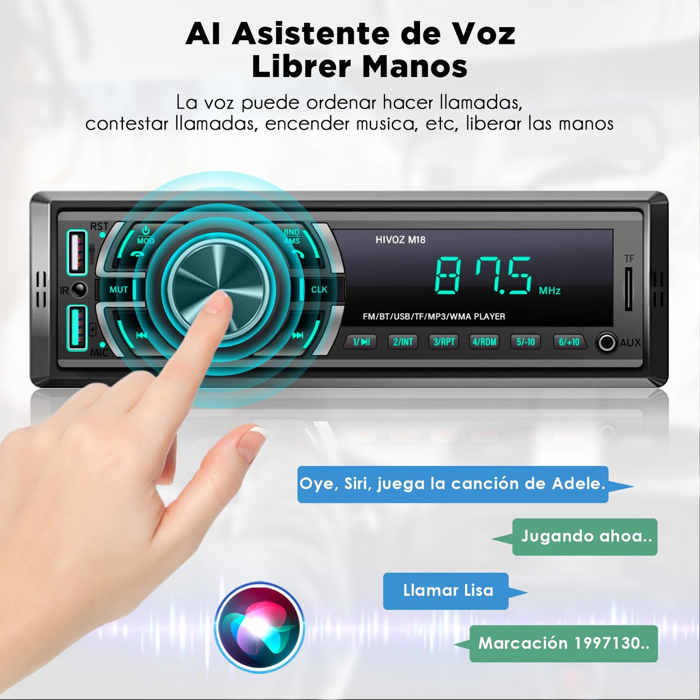 HIMICAR Estereo para Automovil MP3, Autoestéreo Bluetooth Llamada Manos Libres, Control por Voz, Dual USB, Bluetooth, FM, AUX, TF, Disco U, Micrófono Incorporado + Controles del Volante