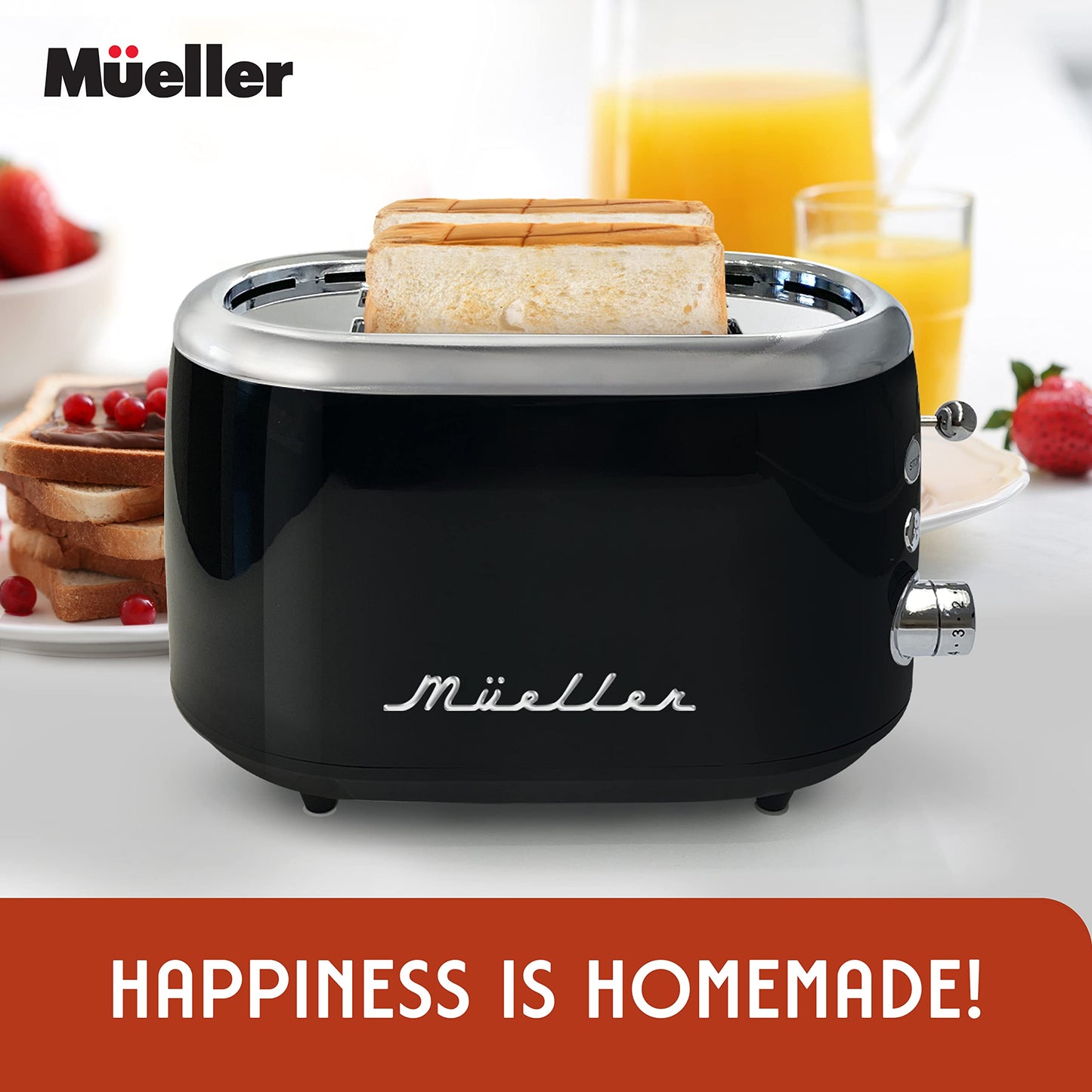 Mueller - Tostador retro para 2 rebanadas con 7 niveles de tostado y 3 funciones, calentar, descongelar y cancelar, acero inoxidable, charola de residuos extraíble, compartimento de cable bajo base,