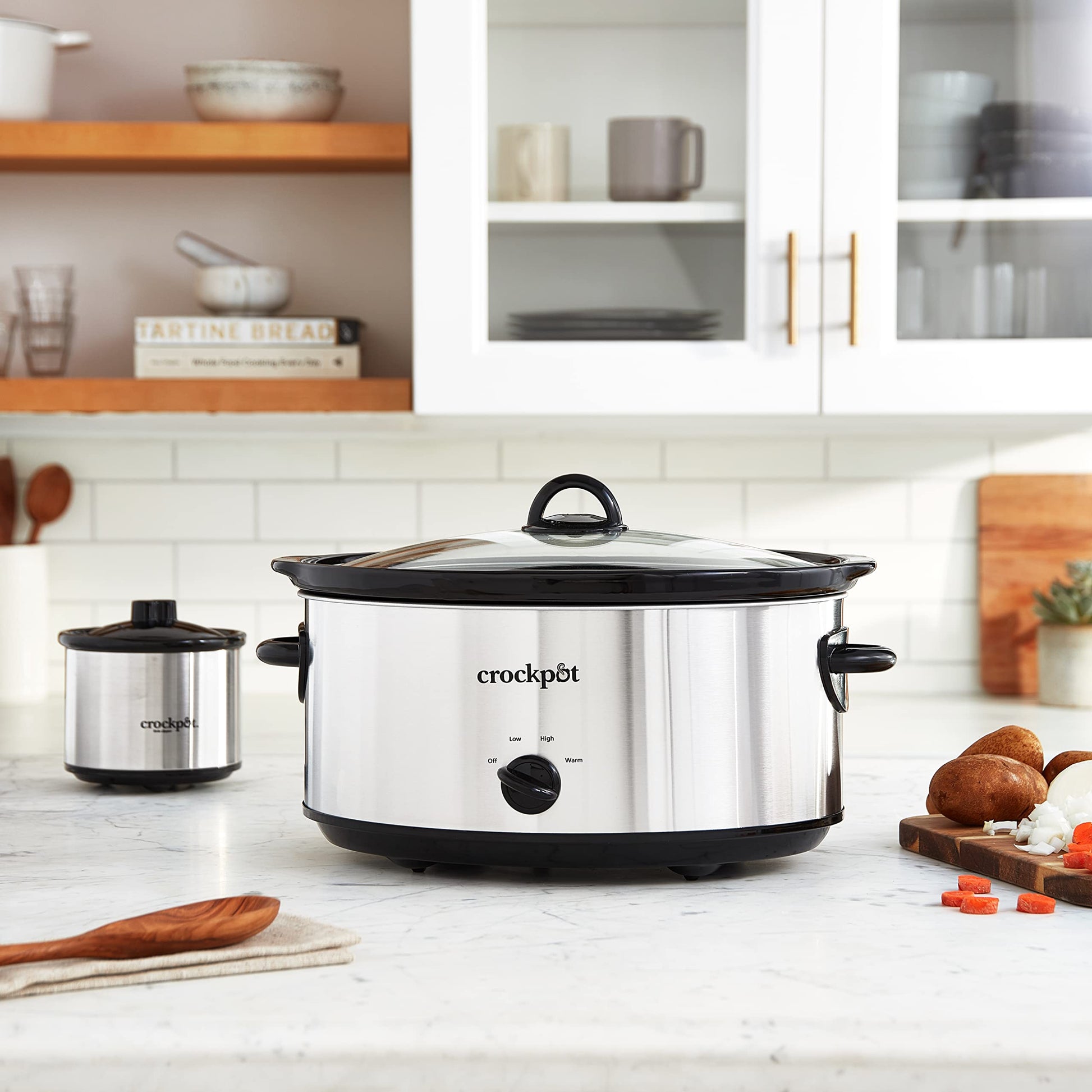 Crockpot - Olla de cocción lenta grande de 8 cuartos con mini calentador de alimentos de 16 onzas, acero inoxidable